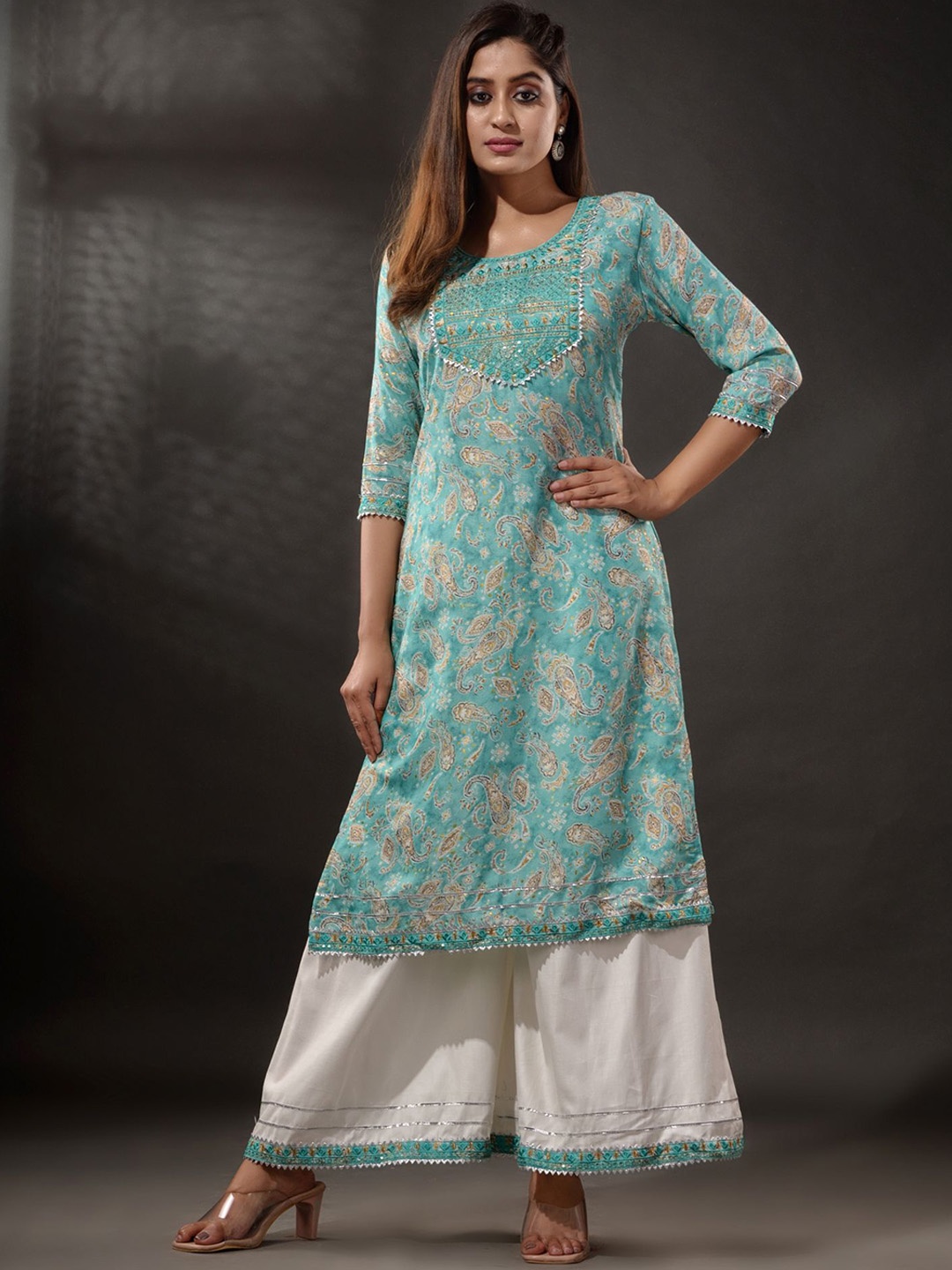 

Disli Ethnic Motifs Printed Regular Gotta Patti Kurta With Palazzos, Green