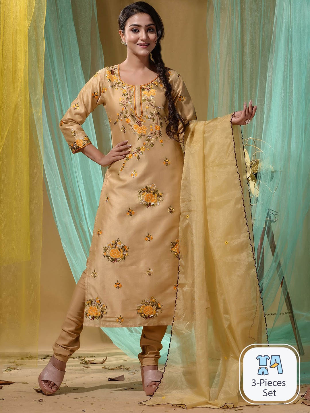 

Disli Floral Embroidered Kurta with Churidar & With Dupatta, Beige