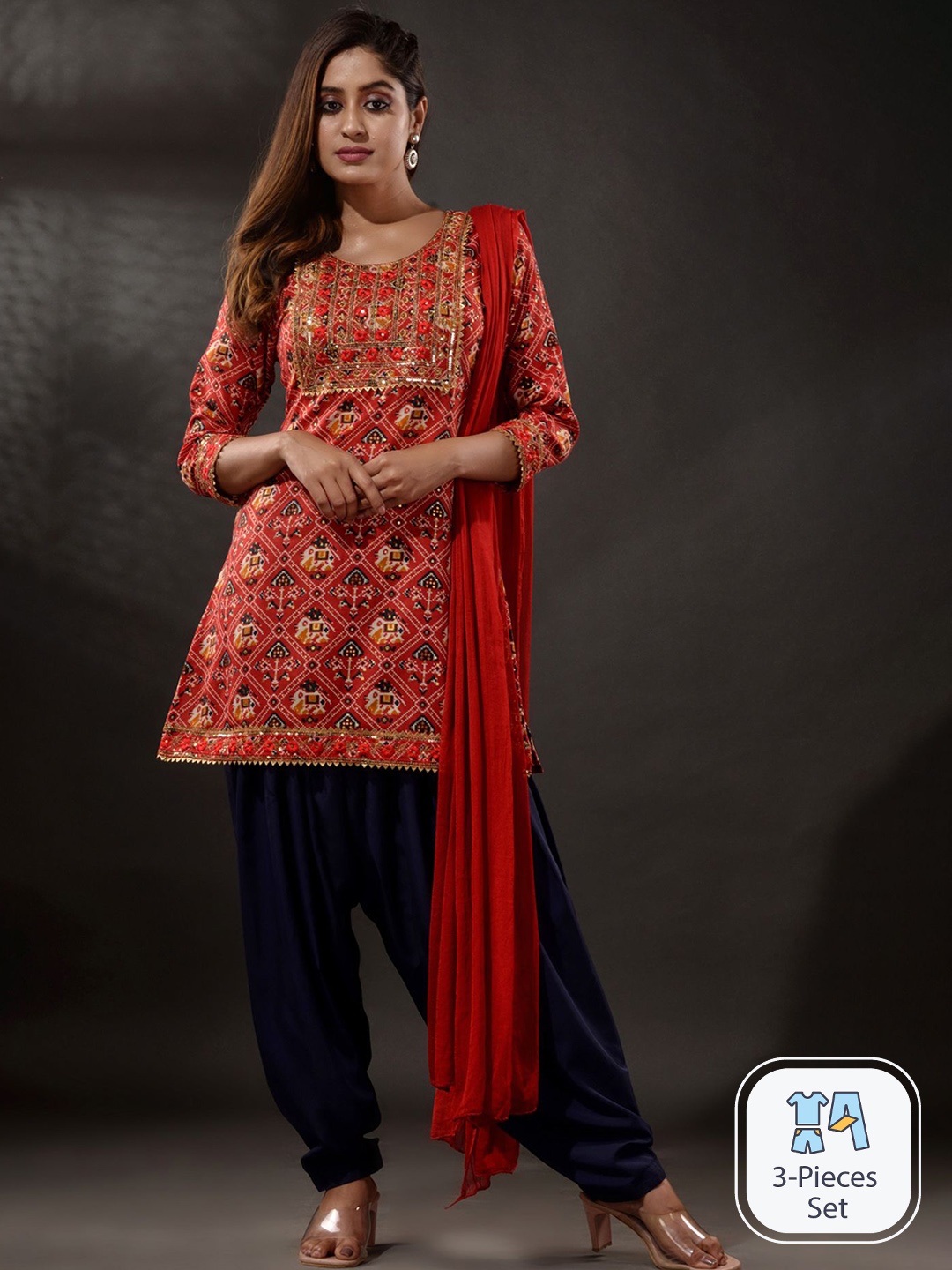

Disli Ethnic Motifs Printed Chanderi Silk Kurti With Salwar & Dupatta, Red