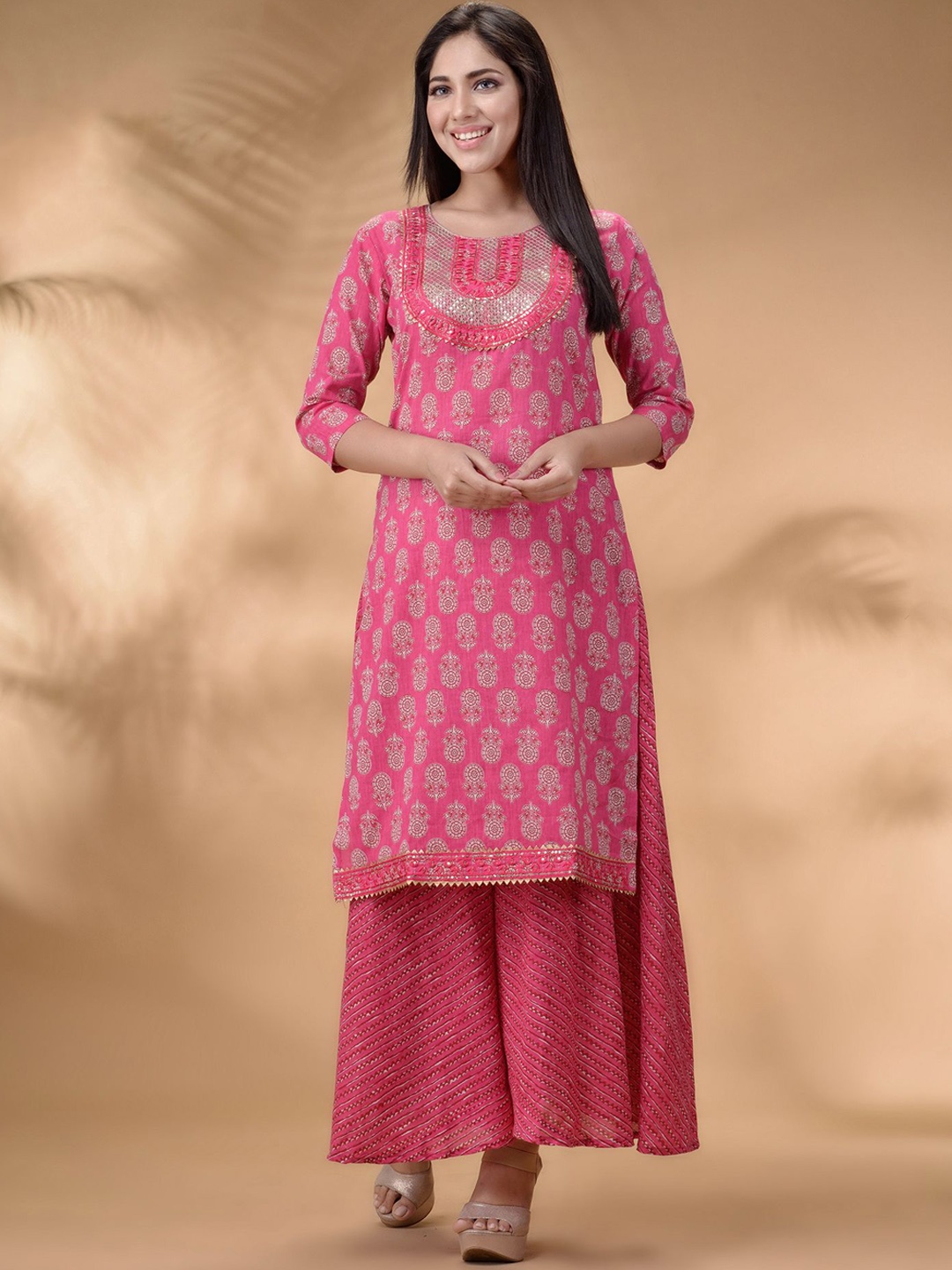 

Disli Floral Printed Pure Cotton Sequinned Kurta with Palazzos, Pink