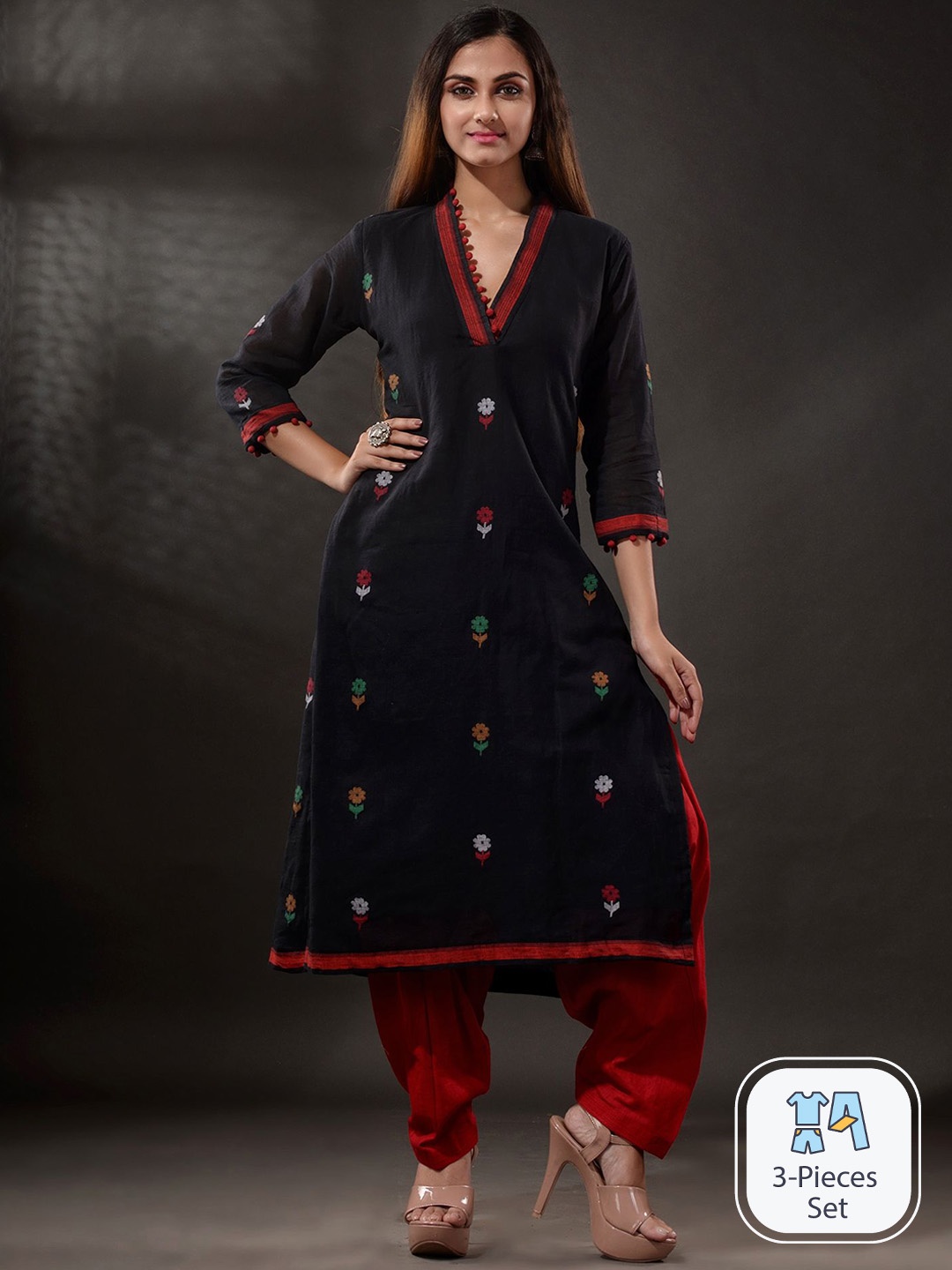 

Disli Floral Woven Design Pure Cotton Kurta With Salwar, Black