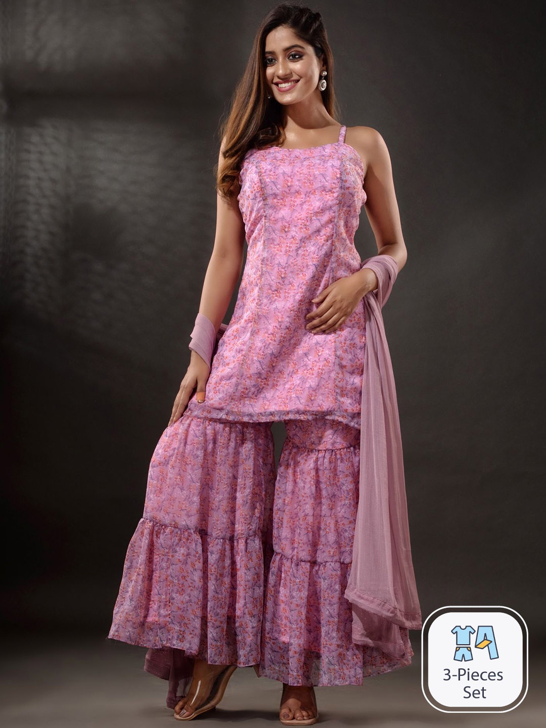 

Disli Floral Printed Kurta & Sharara With Dupatta, Pink