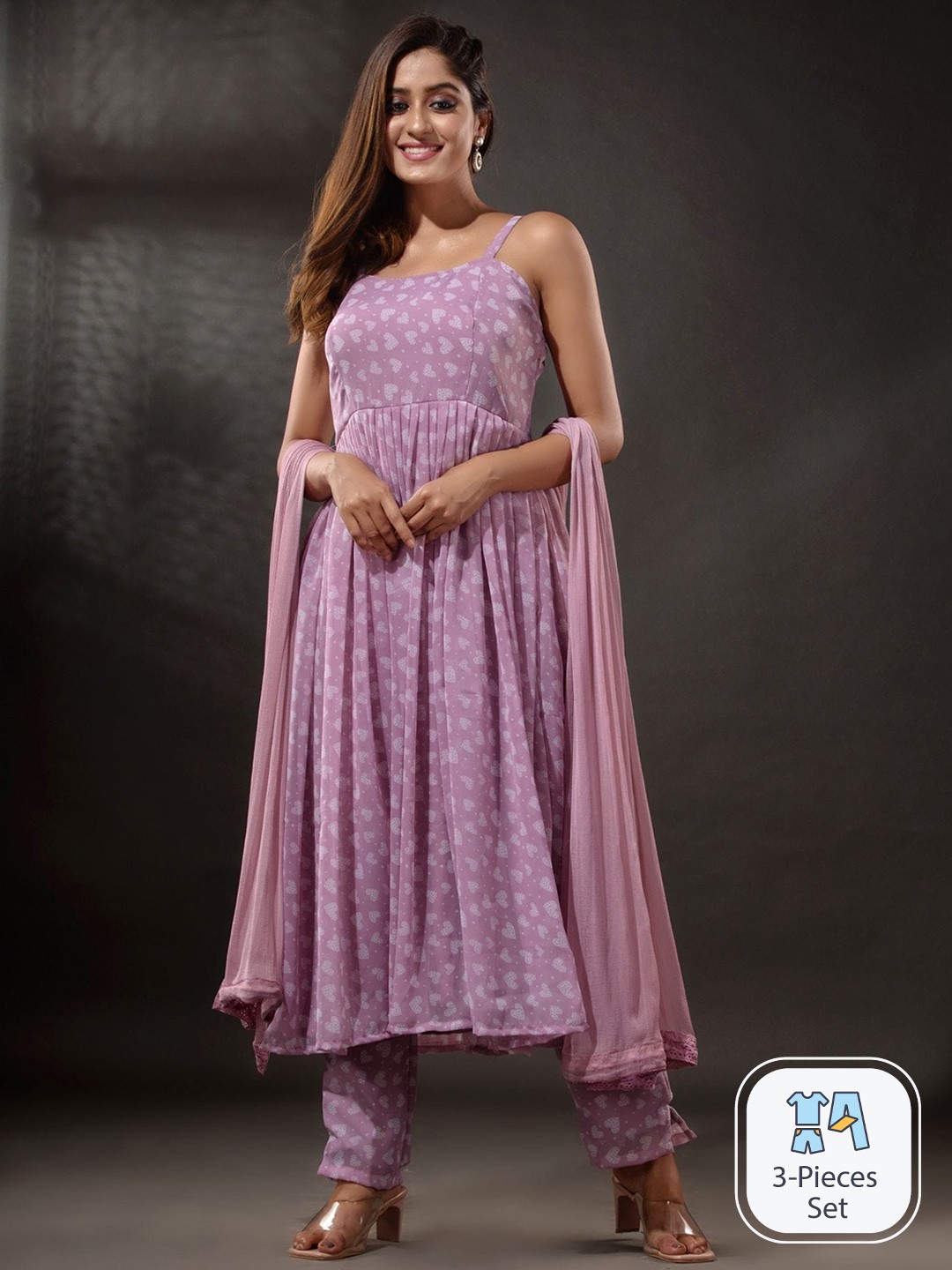 

Disli Floral Printed Empire Kurta with Trousers & Dupatta, Lavender