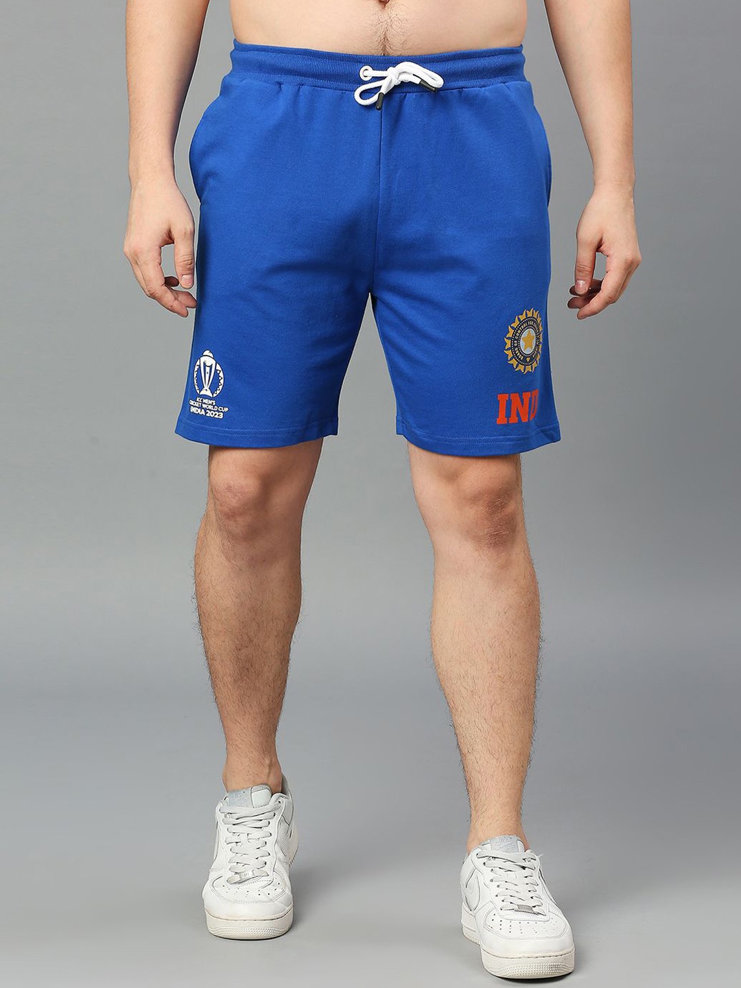 FanCode Men Indian Cricket Team Printed Mid-Rise Cotton Sports Shorts, Blue