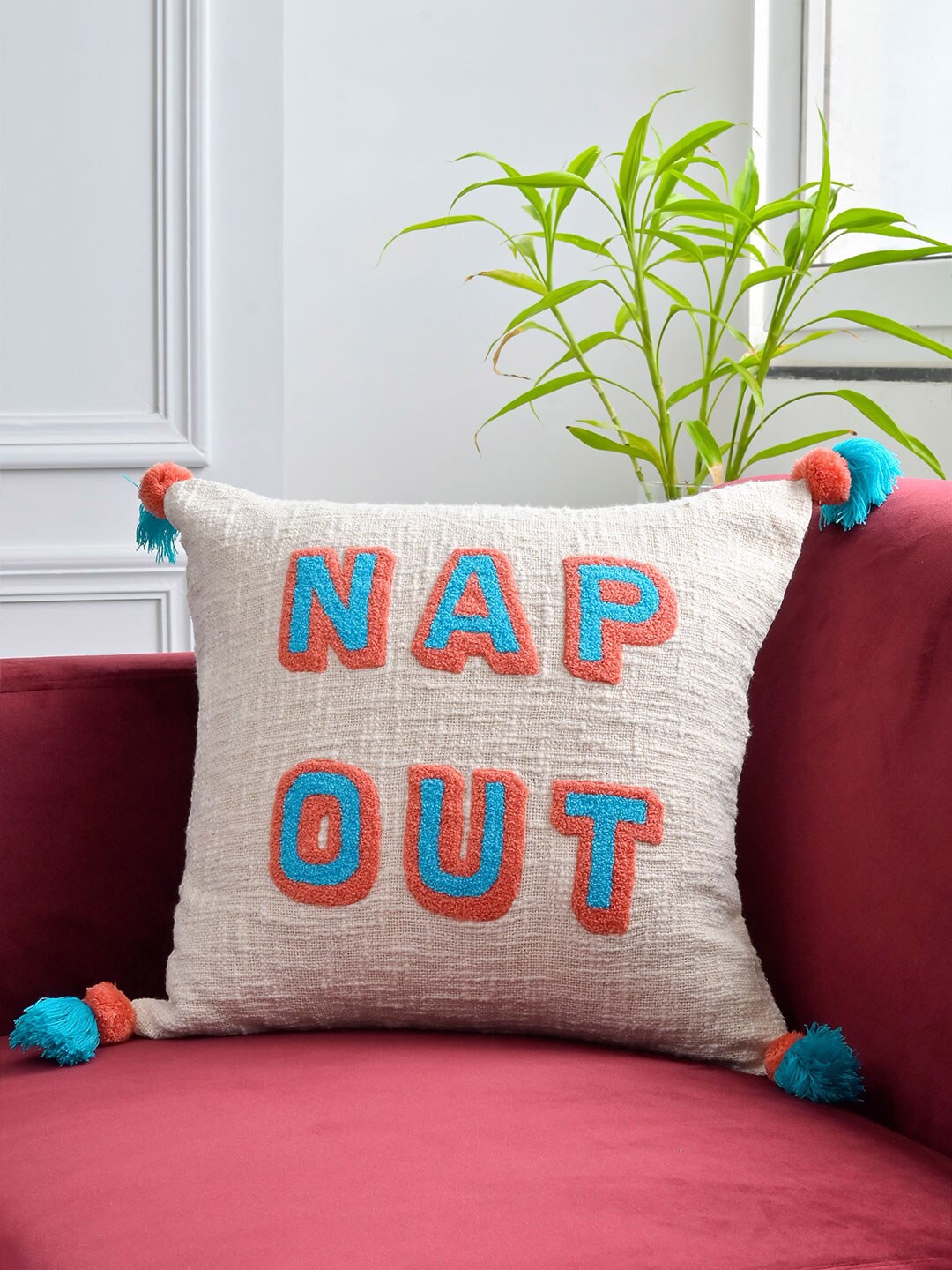 

Tistabene Off White & Blue Nap Out Embroidered Square Cushion Cover