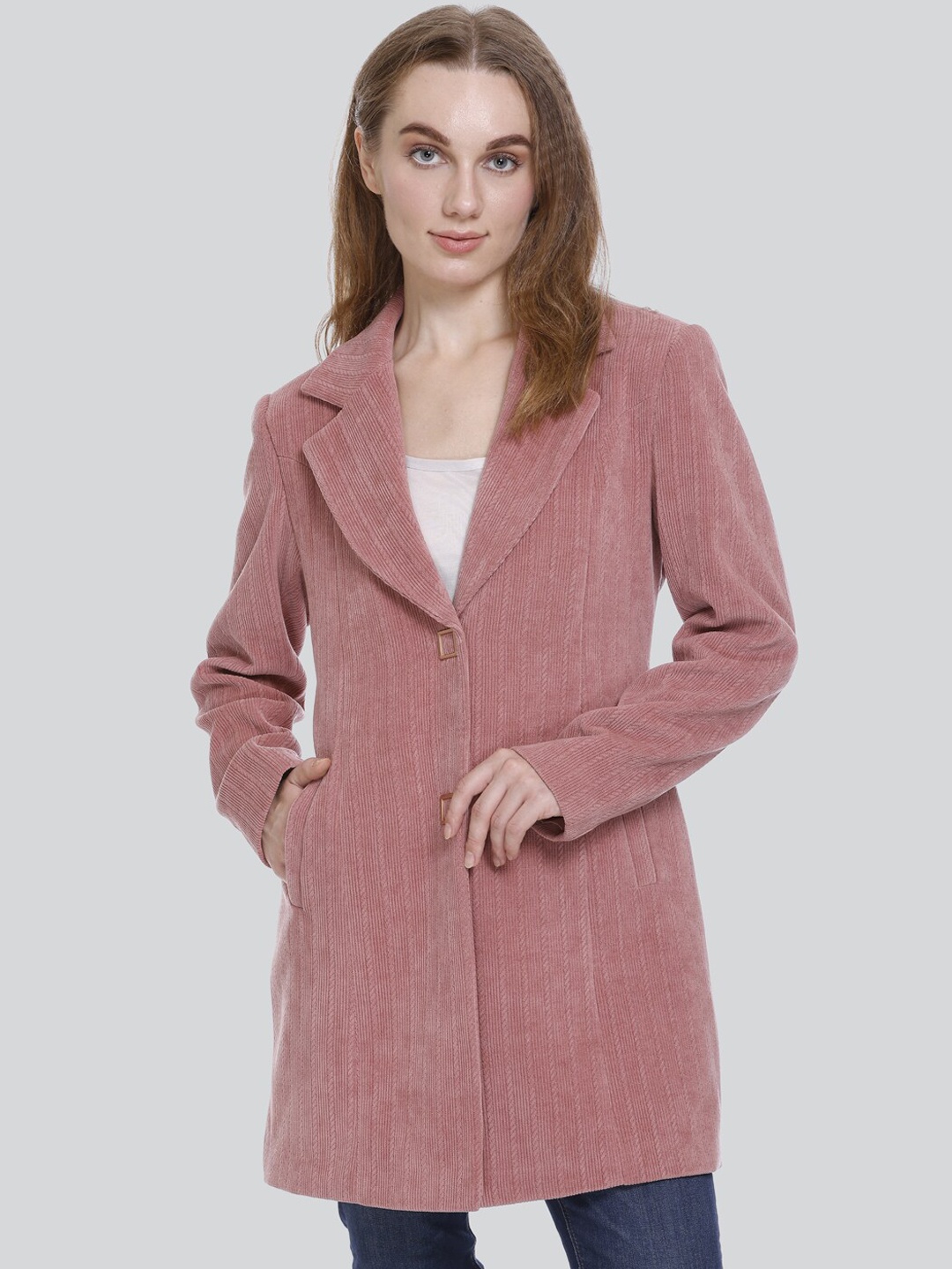 

C-Aerin Self Design Single Breasted Winter Overcoat, Pink