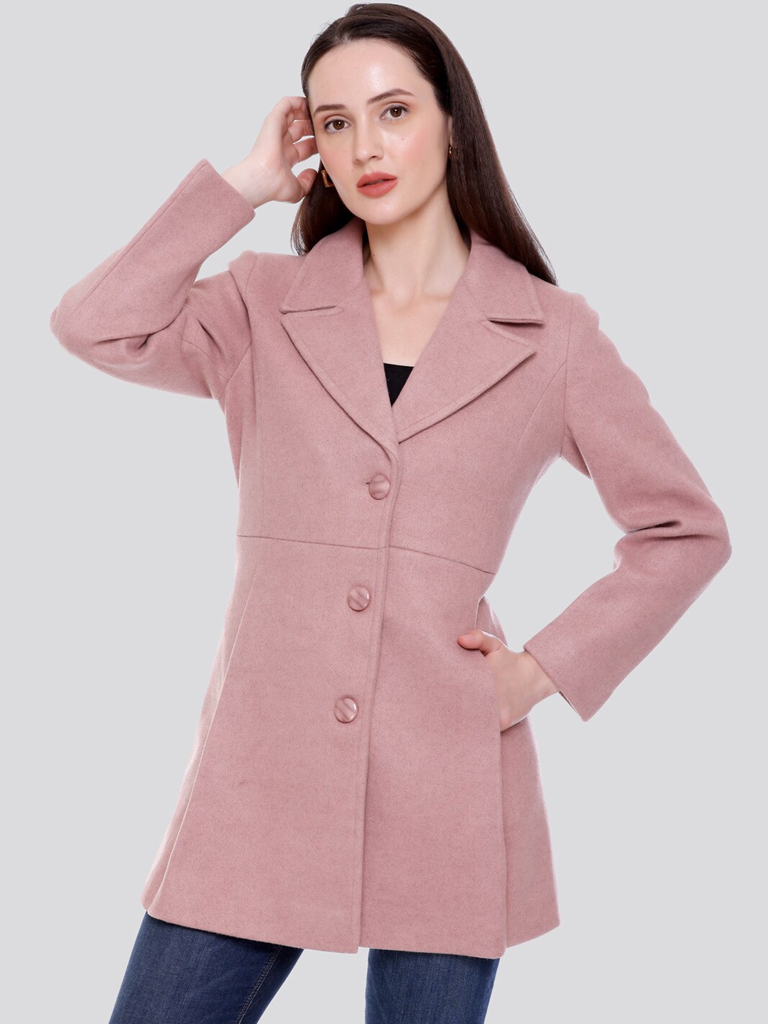 

C-Aerin Self-Design Notched Lapel Collar Single-Breasted Overcoat, Pink