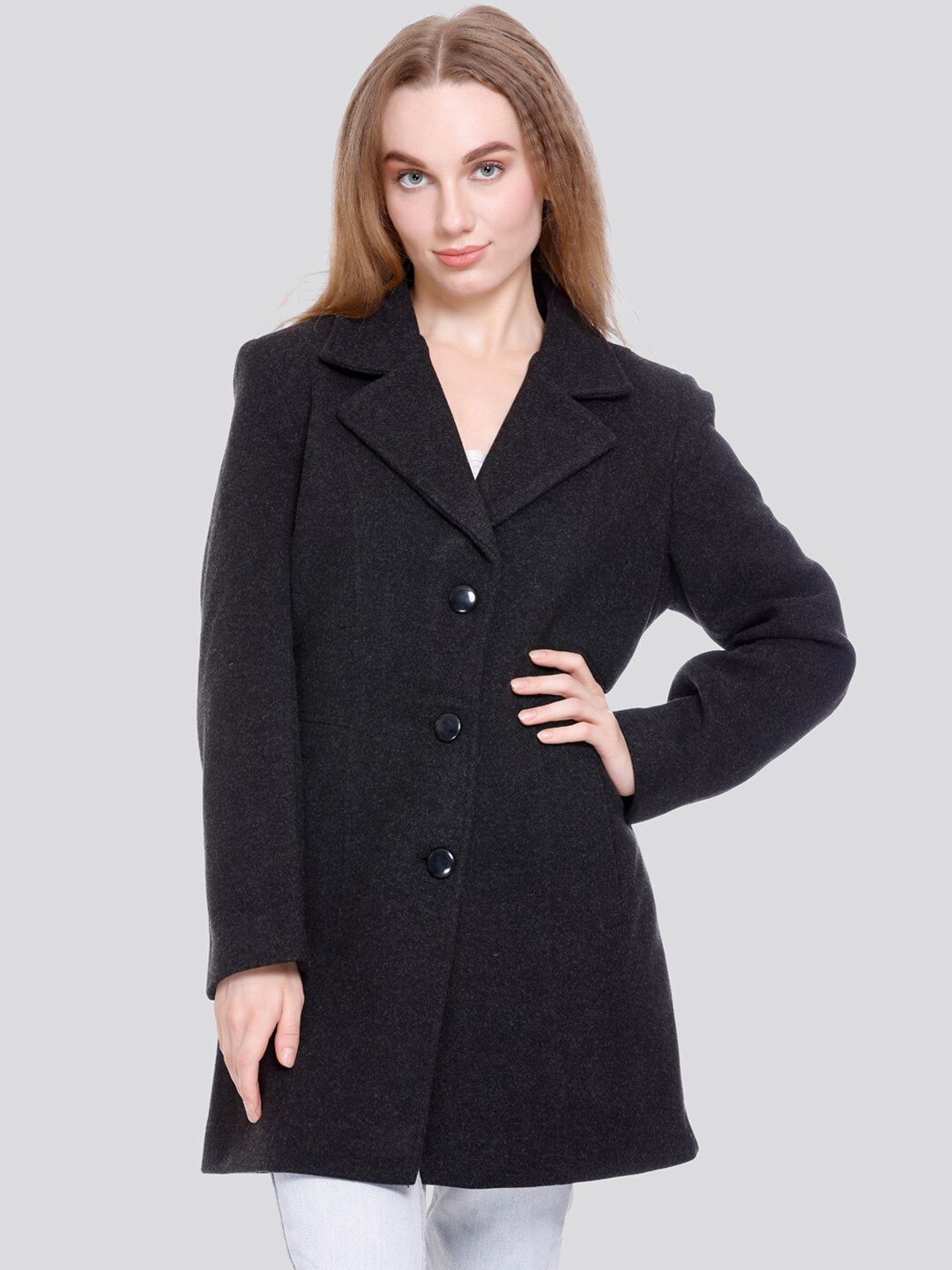 

C-Aerin Self-Design Notched Lapel Collar Regular Fit Trench Coat, Black
