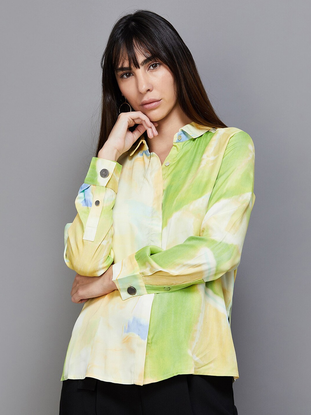 

CODE by Lifestyle Tie & DyePrinted Long sleeves Shirt Style Top, Off white