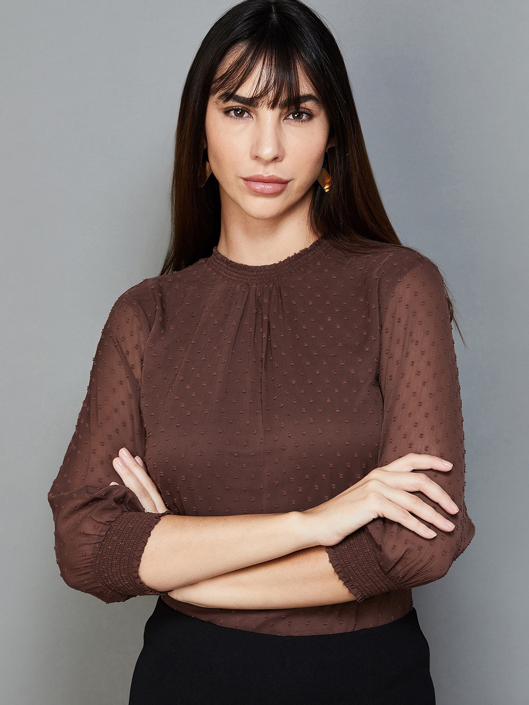 

CODE by Lifestyle Brown Self Design Puff Sleeve Top
