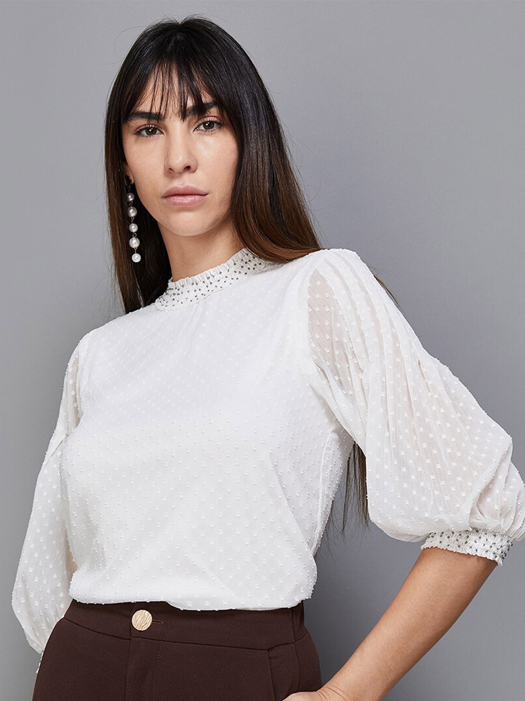 

CODE by Lifestyle High Neck Self Design Puff Sleeve Top, Off white