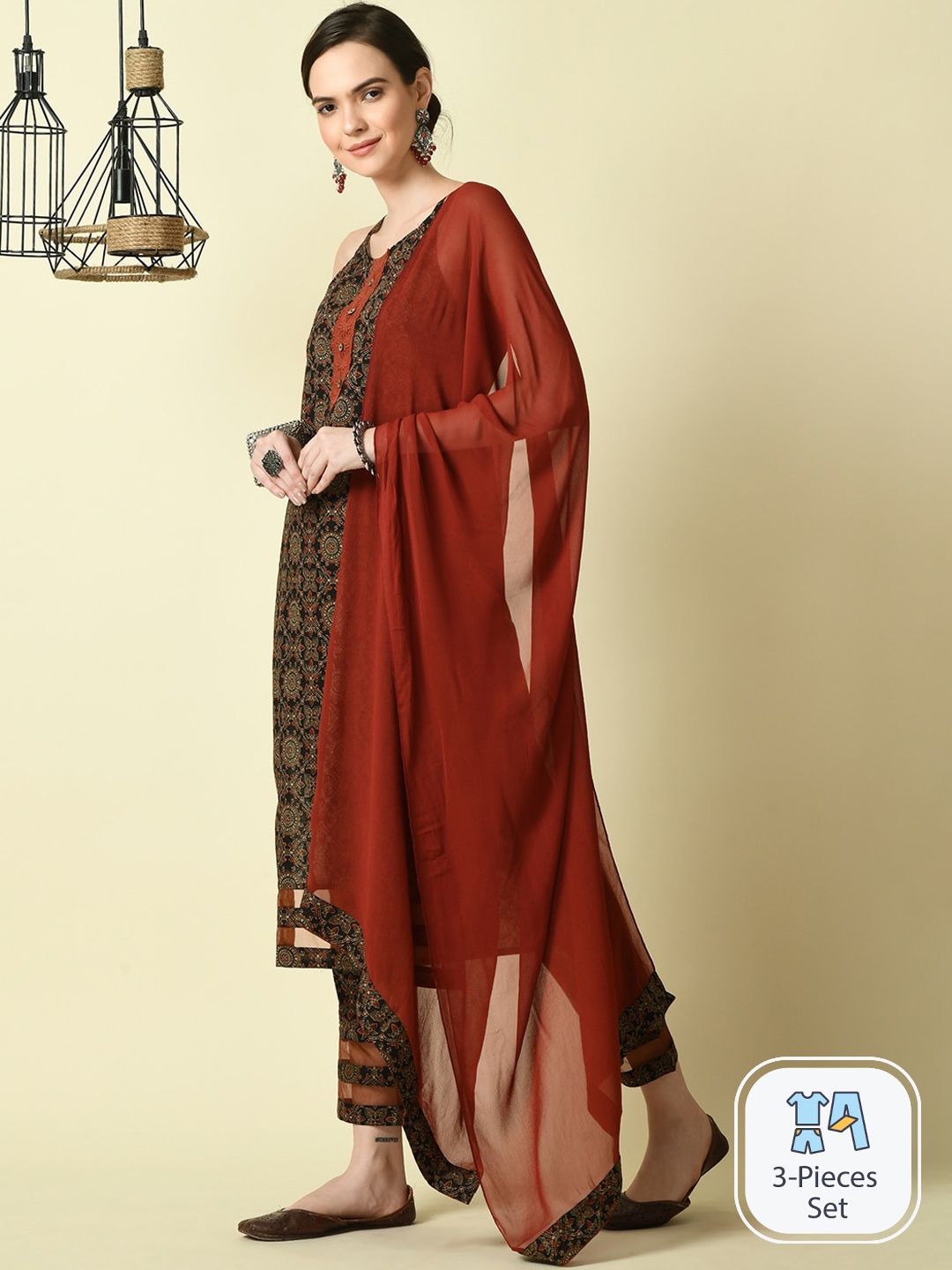 

KALINI Ethnic Motifs Printed Regular Pure Cotton Kurta with Trousers & With Dupatta, Black