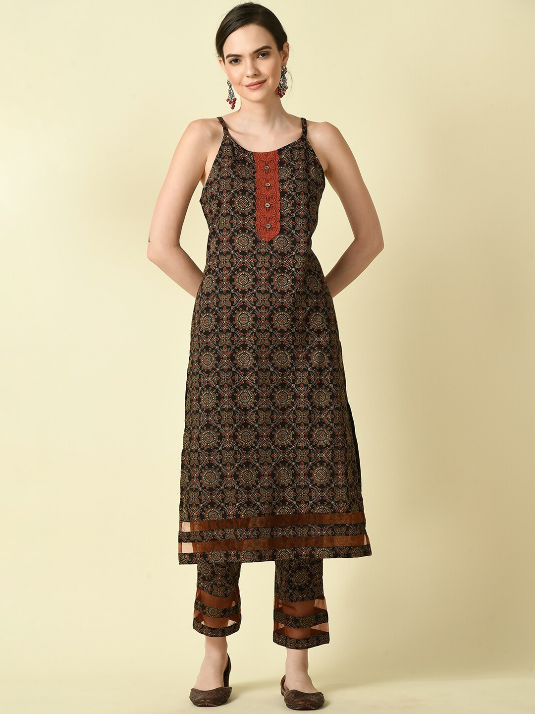 

KALINI Ethnic Motifs Printed Regular Pure Cotton Kurta with Trousers, Black