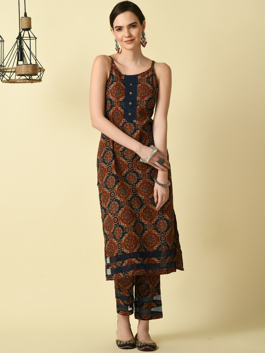 

KALINI Ethnic Motifs Printed Sleeveless Regular Pure Cotton Kurta With Trousers, Navy blue