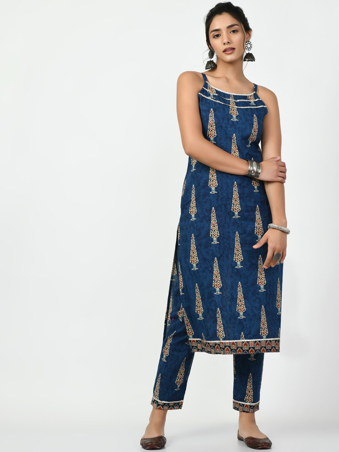 

KALINI Ethnic Motifs Printed Regular Pure Cotton Kurta with Trousers, Blue