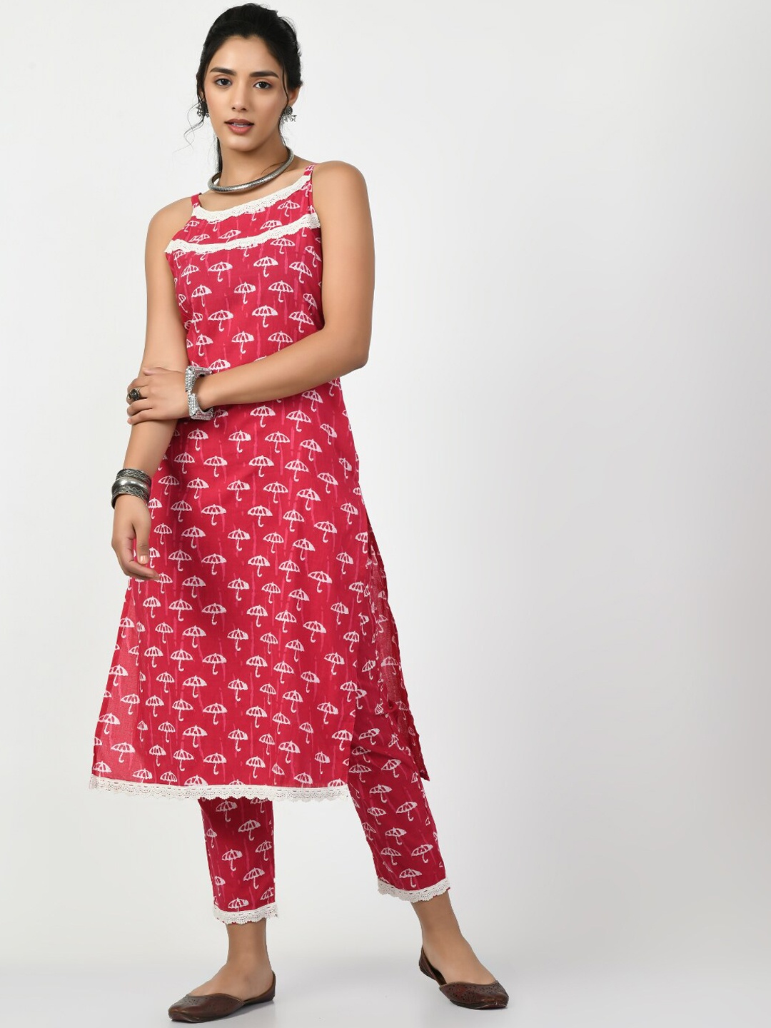 

KALINI Floral Printed Regular Pure Cotton Kurta With Trousers, Pink