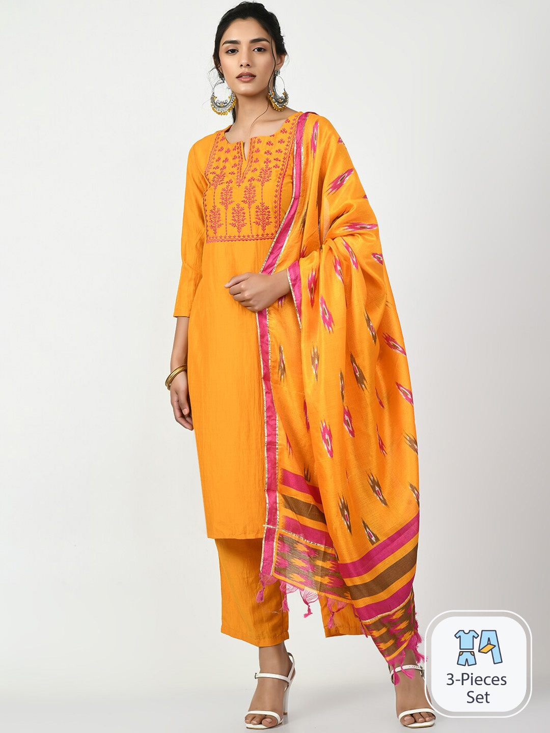 

KALINI Floral Embroidered Kurta with Trousers & Dupatta, Yellow