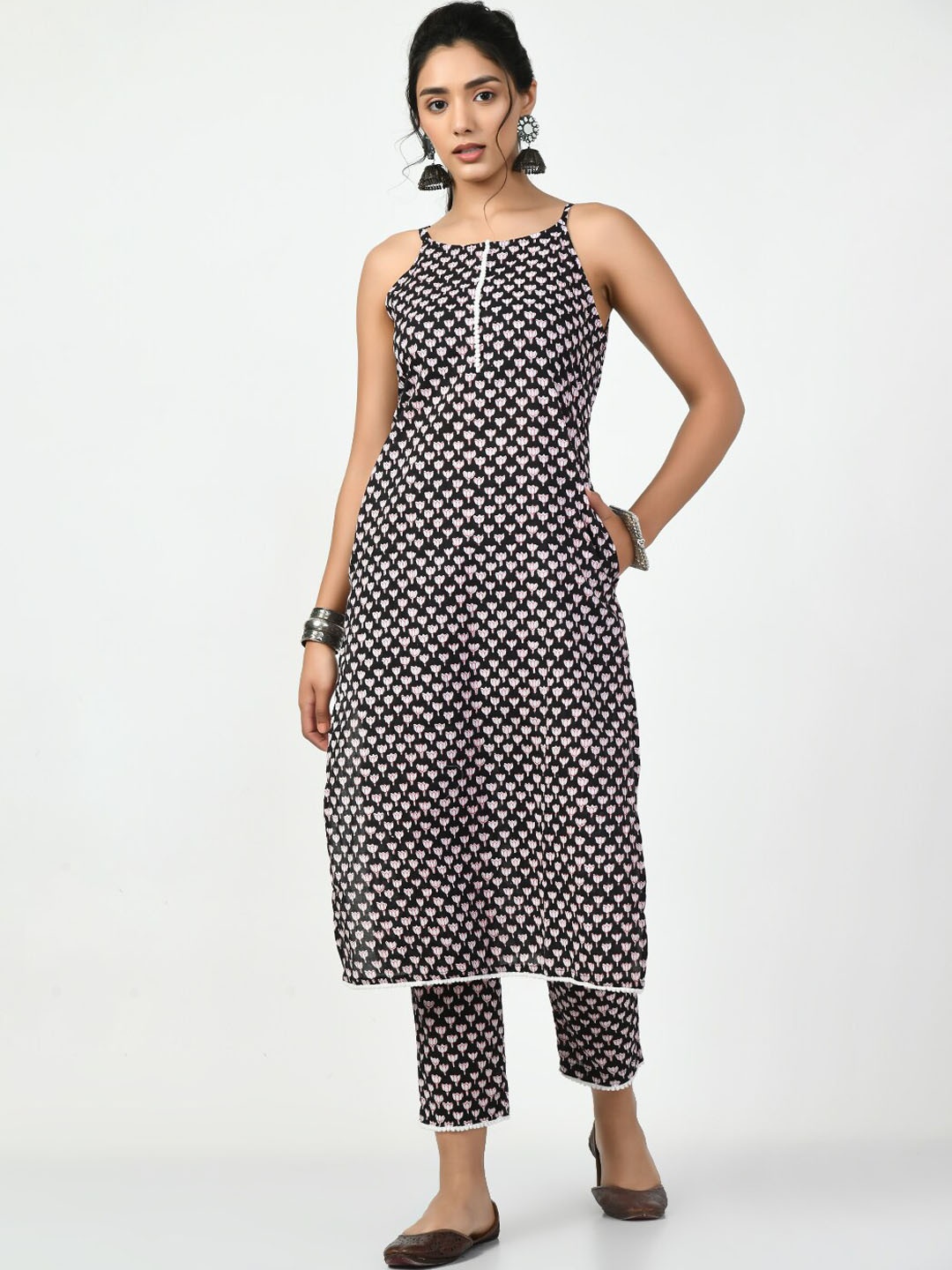

KALINI Floral Printed Pure Cotton Kurta with Trousers, Black