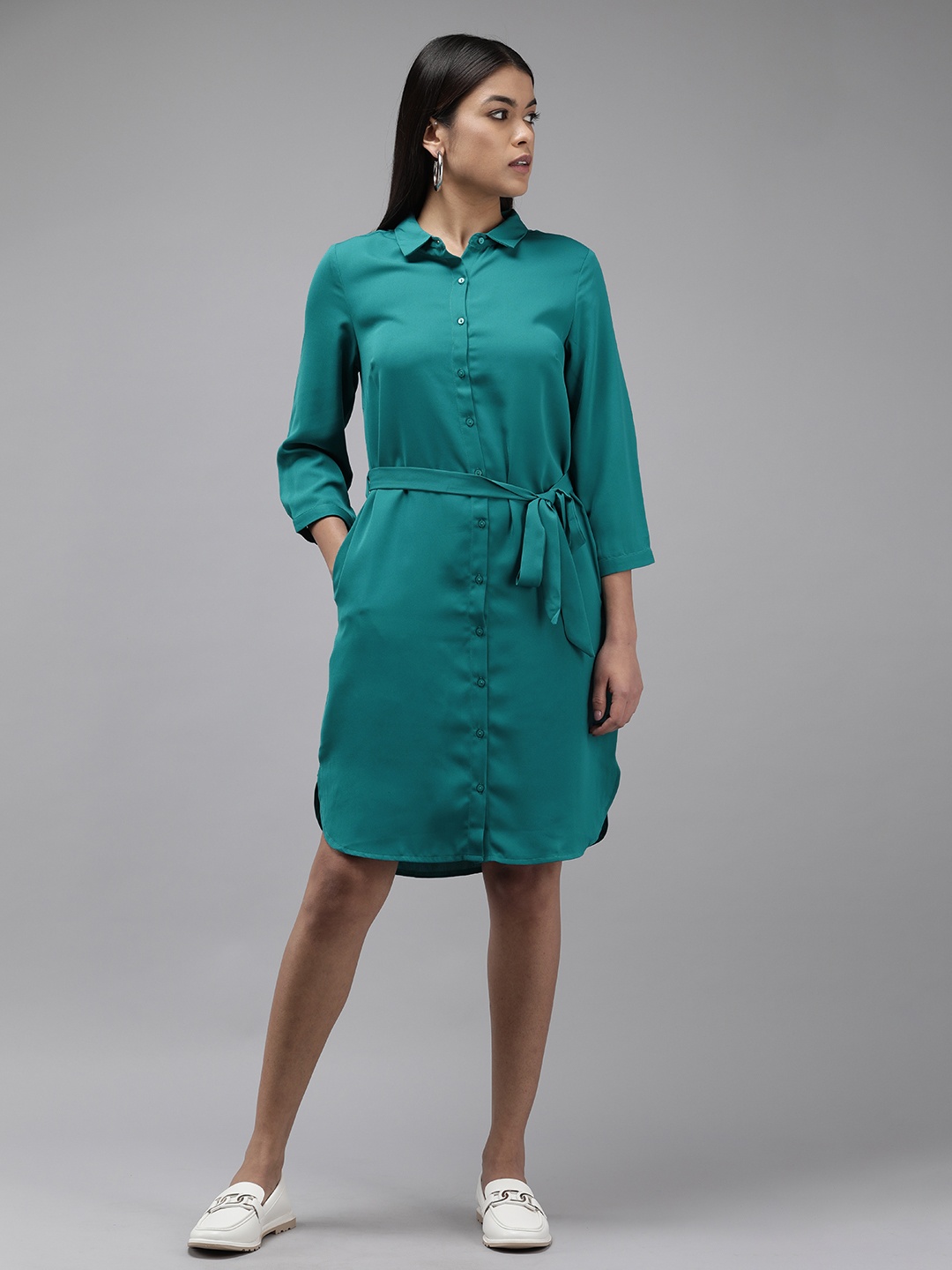 

Van Heusen Woman Solid Formal Shirt Dress Comes With A Belt, Teal