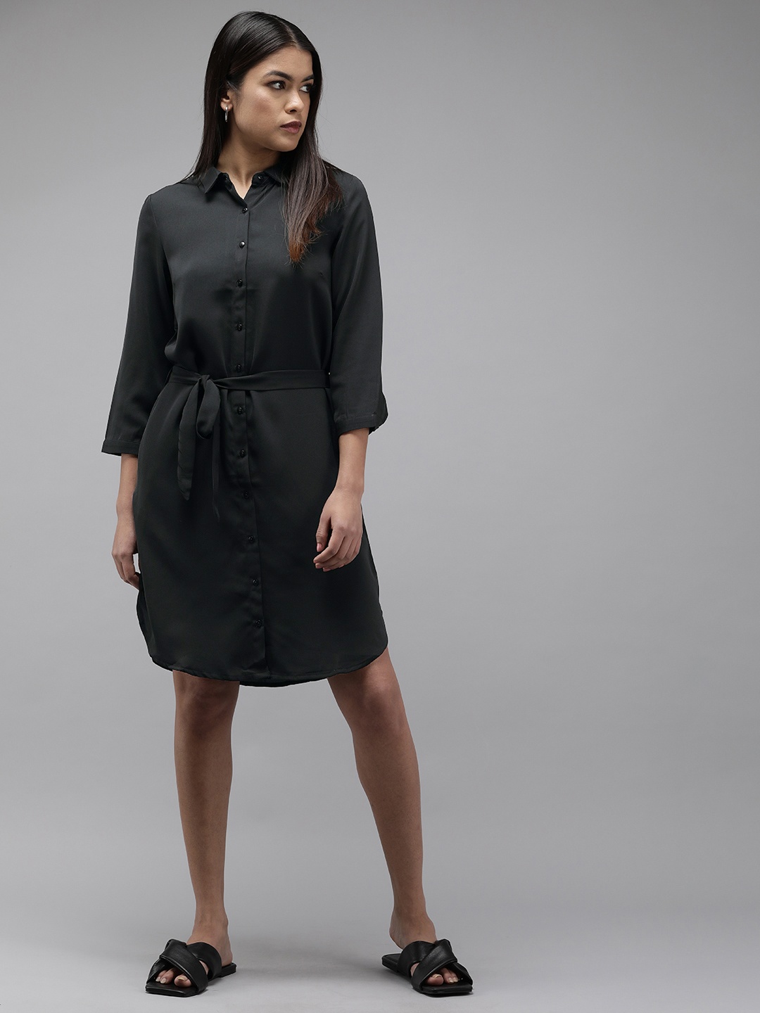 

Van Heusen Woman Solid Formal Shirt Dress Comes With Belt, Black