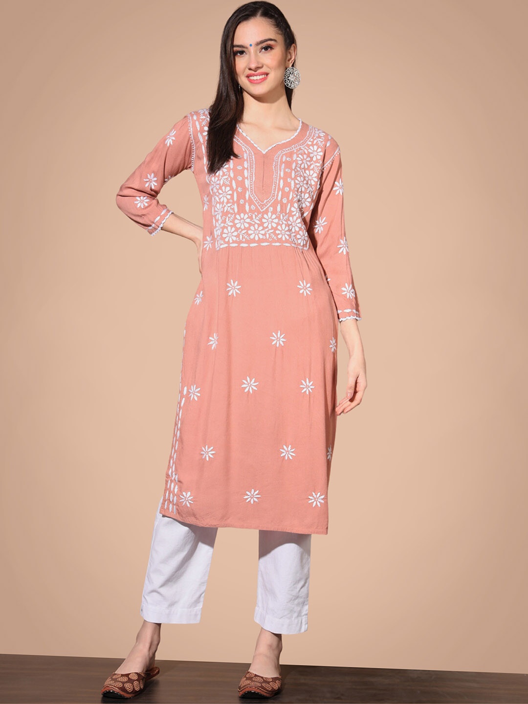 

Ethnava Floral Yoke Design V-Neck Cotton Straight Kurta, Rust