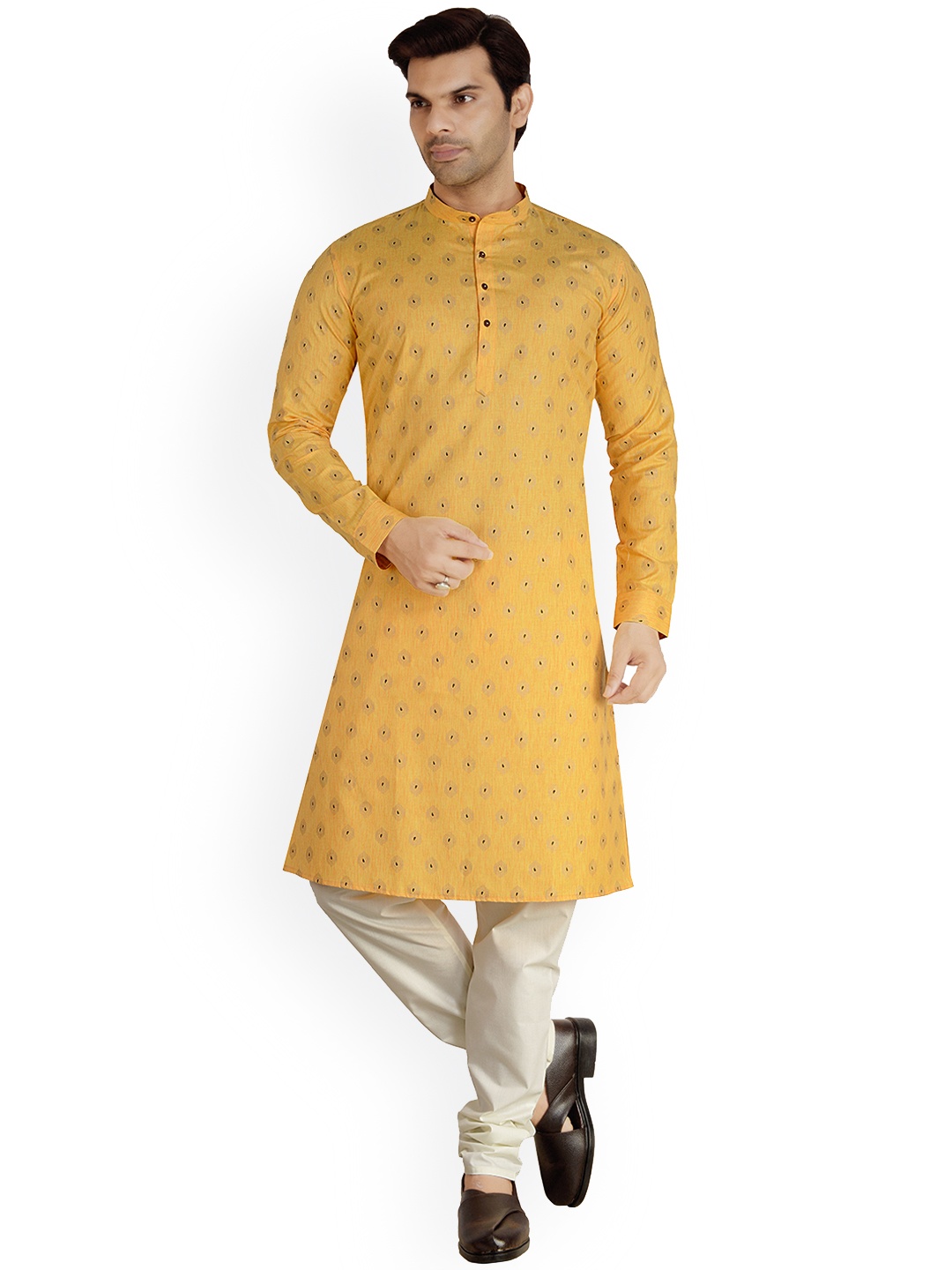 

ARRUGA Ethnic Motifs Printed Mandarin Collar Kurta With Churidar, Yellow