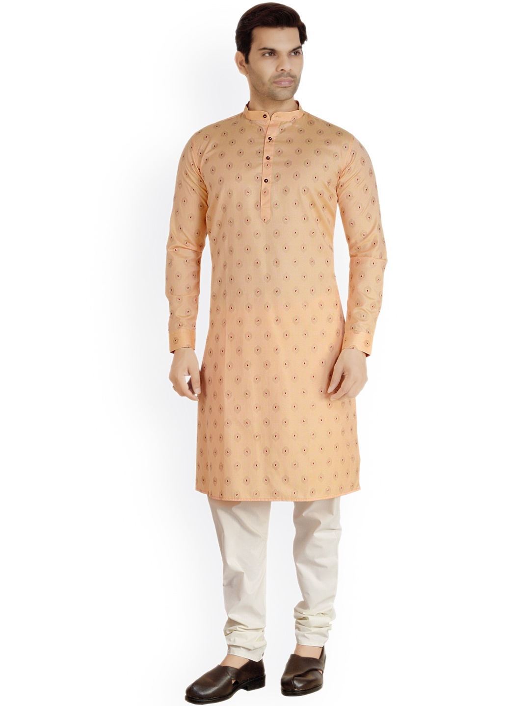 

ARRUGA Ethnic Motifs Printed Mandarin Collar Kurta With Churidar, Peach