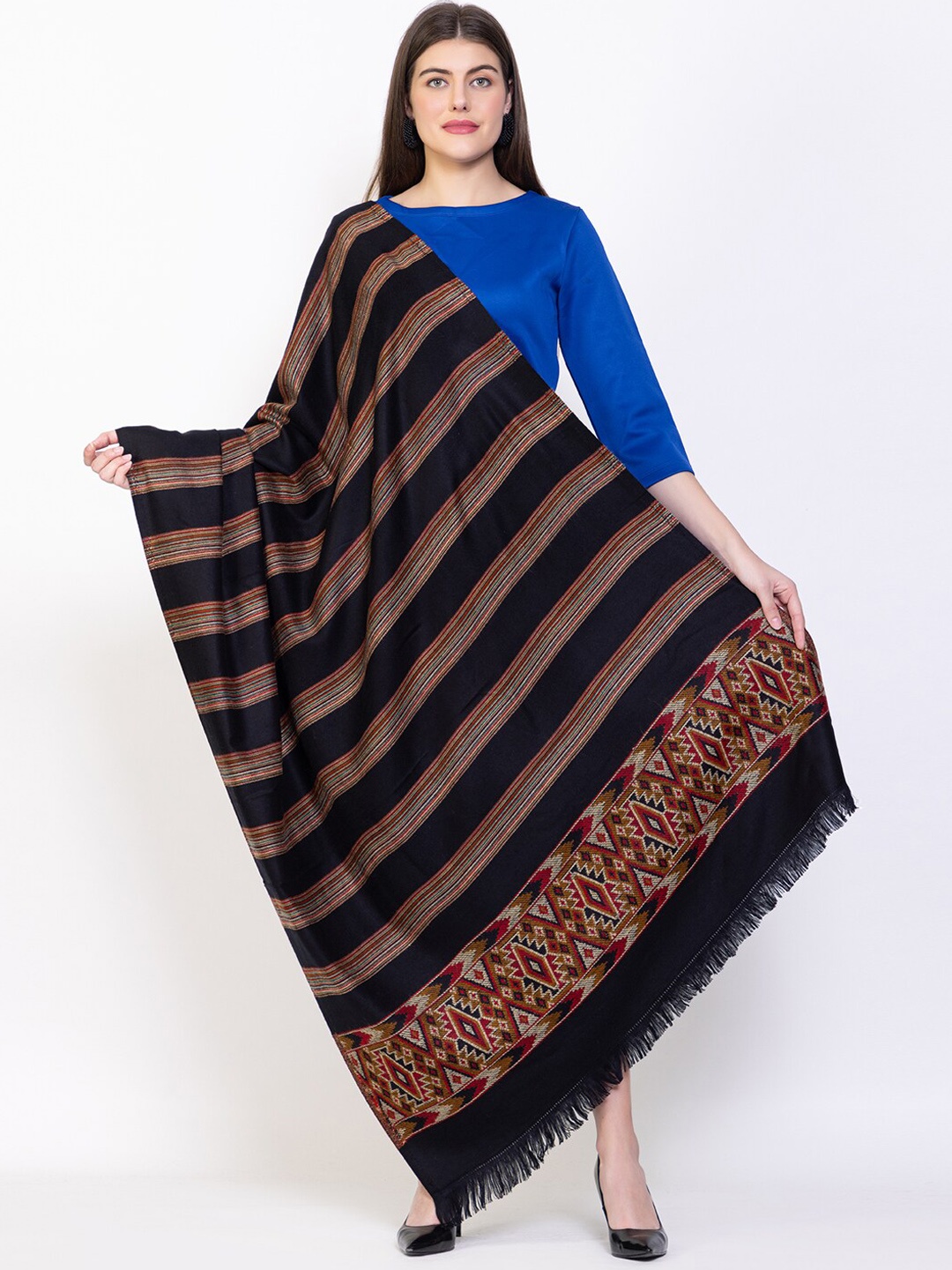 

VH Women Ethnic Motifs Woven Design Woollen Shawl, Black