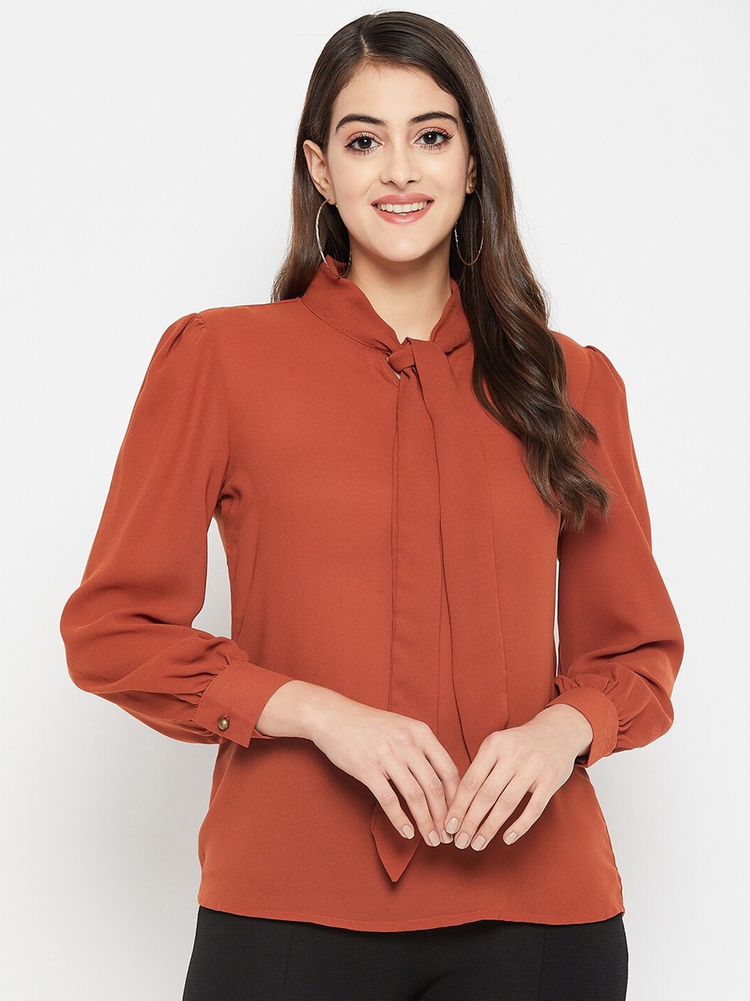 

STYLE BLUSH Tie-Up Neck Puff Sleeve Top, Rust