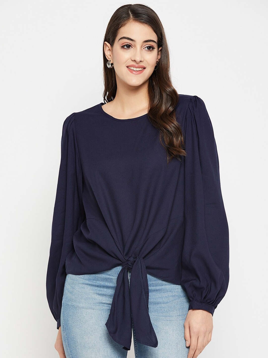 

STYLE BLUSH Round Neck Tie Up Top, Navy blue