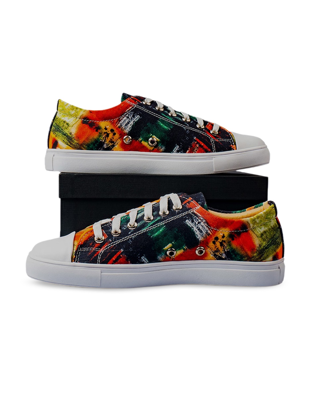 

KobSook Men Printed Low Ankle Comfort Insole Canvas Contrast Sole Sneakers, Orange