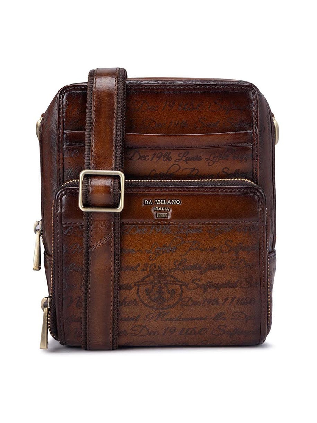 

Da Milano Typography Printed Leather Structured Sling Bag, Brown