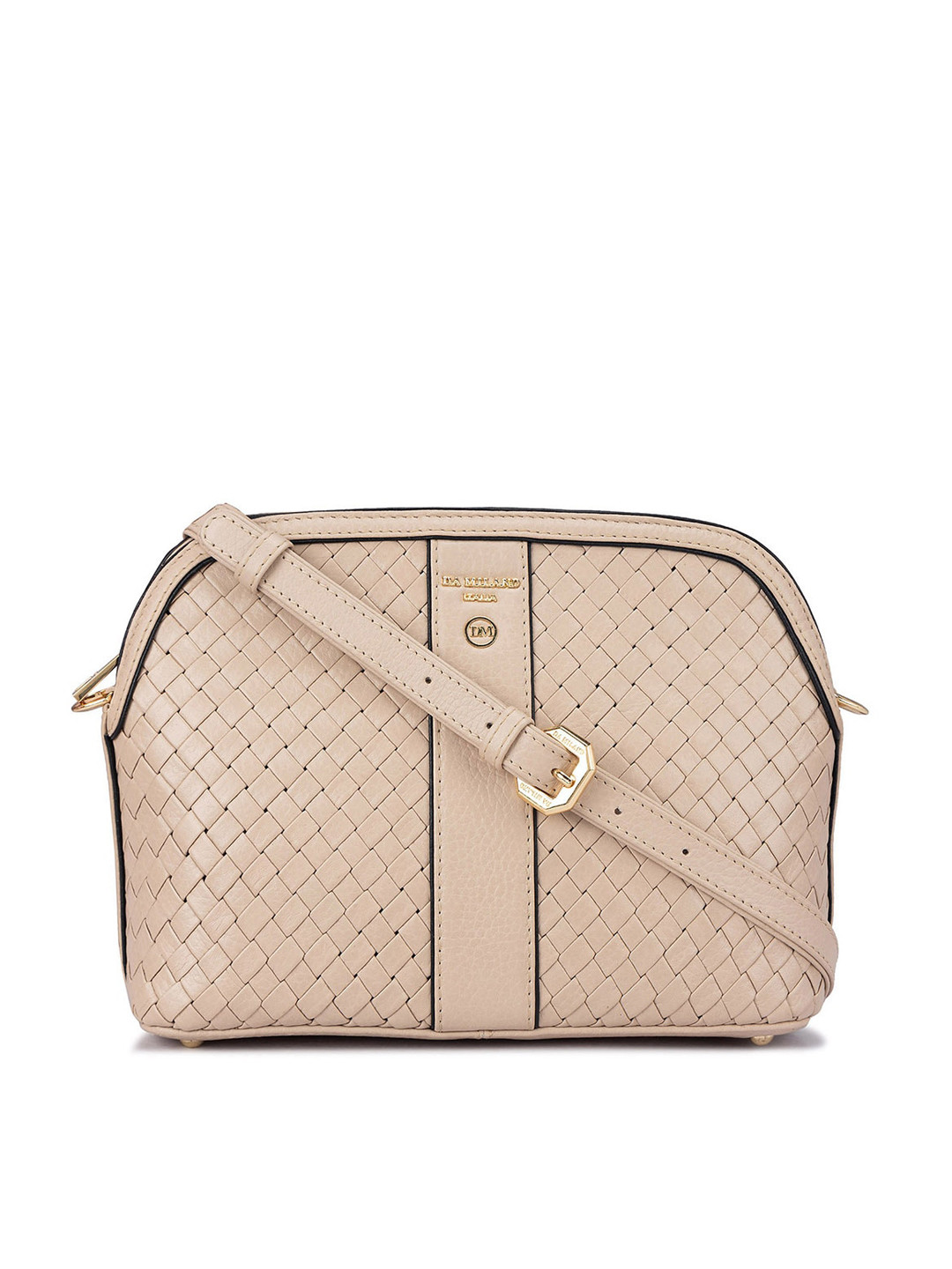 

Da Milano Self Design Leather Structured Sling Bag, Beige