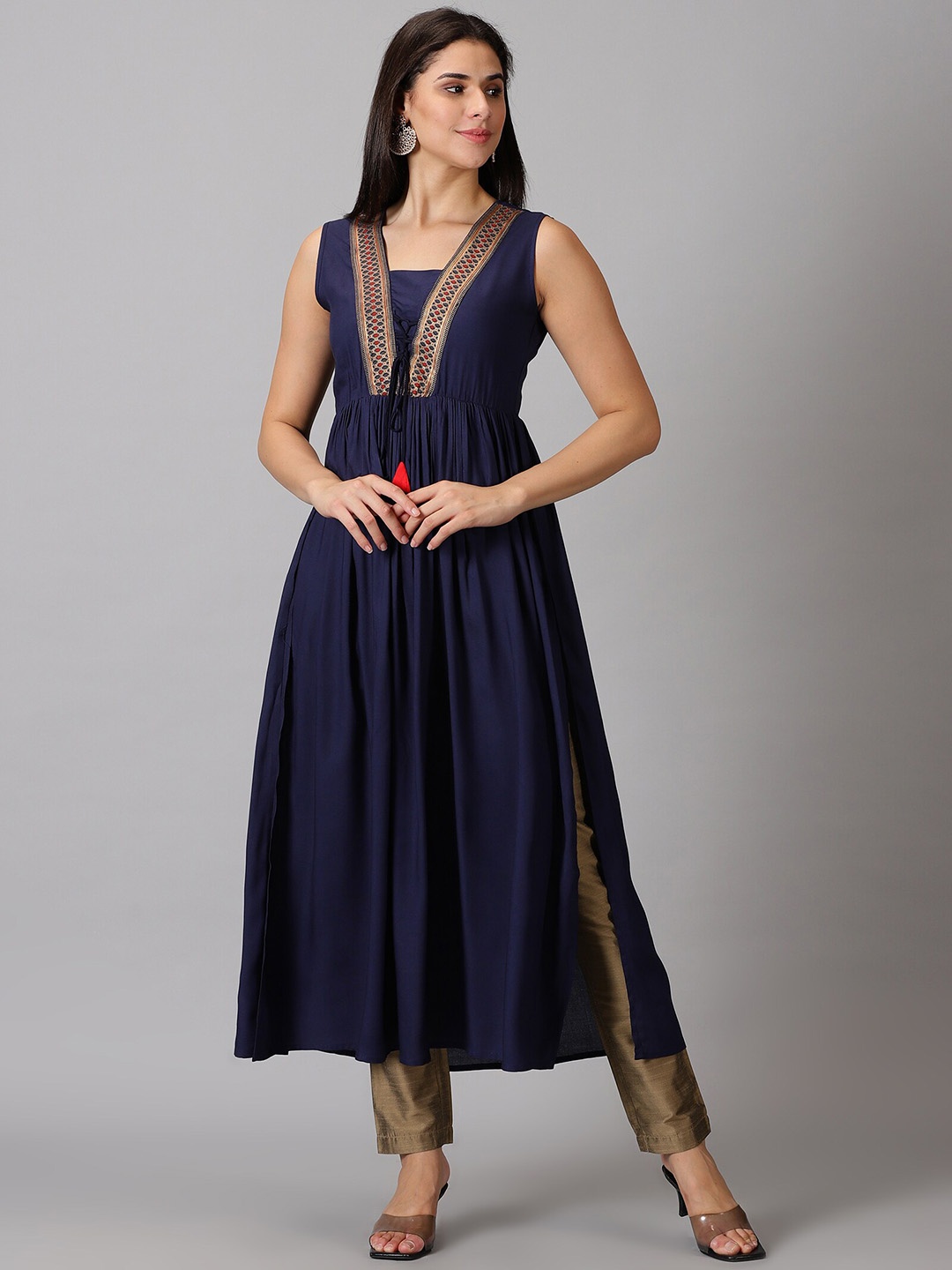 

DK FAB V-Neck Sleeveless Anarkali Kurta, Navy blue