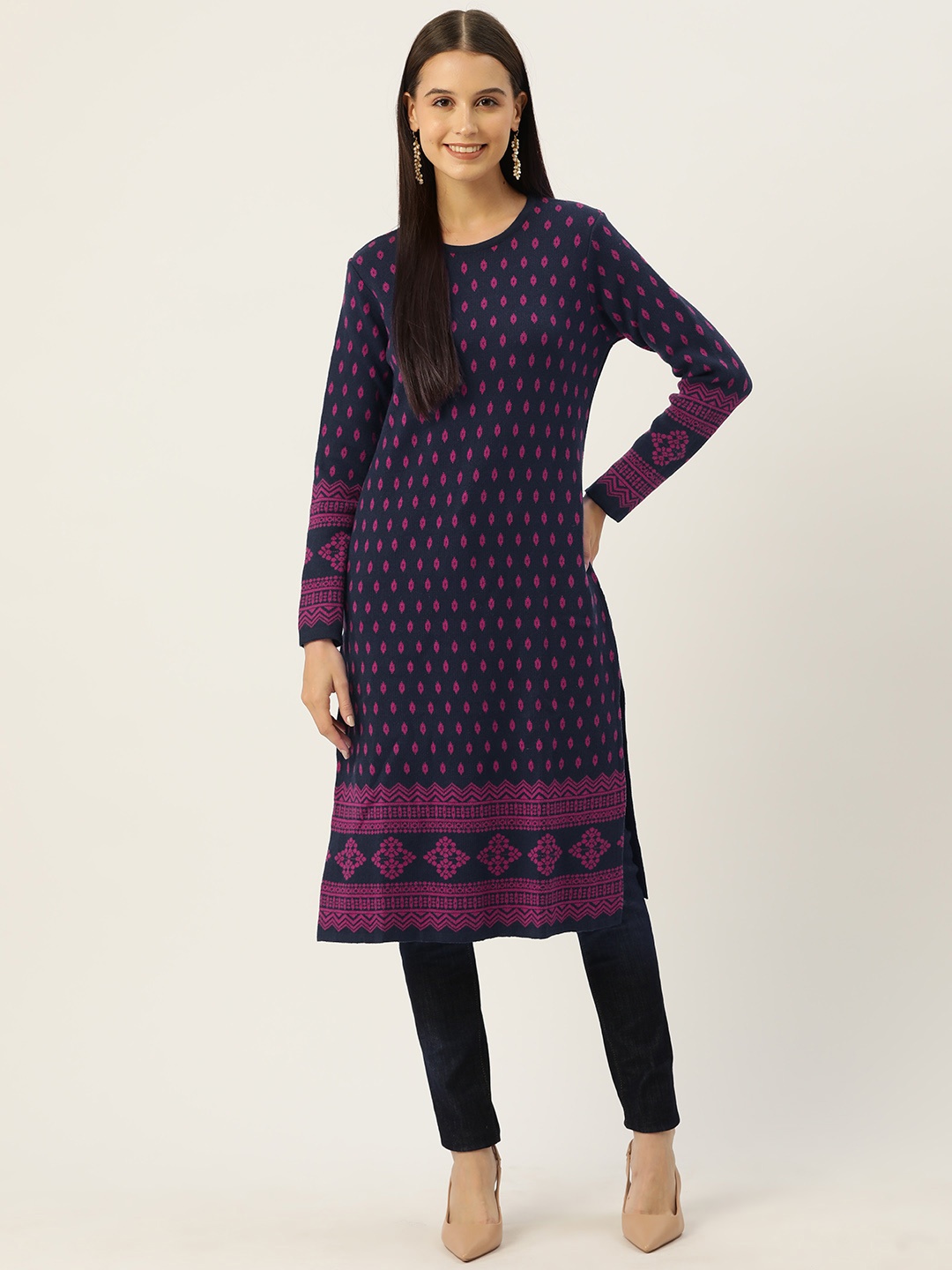 

American Eye Woven Designed Straight Winter Kurta, Navy blue