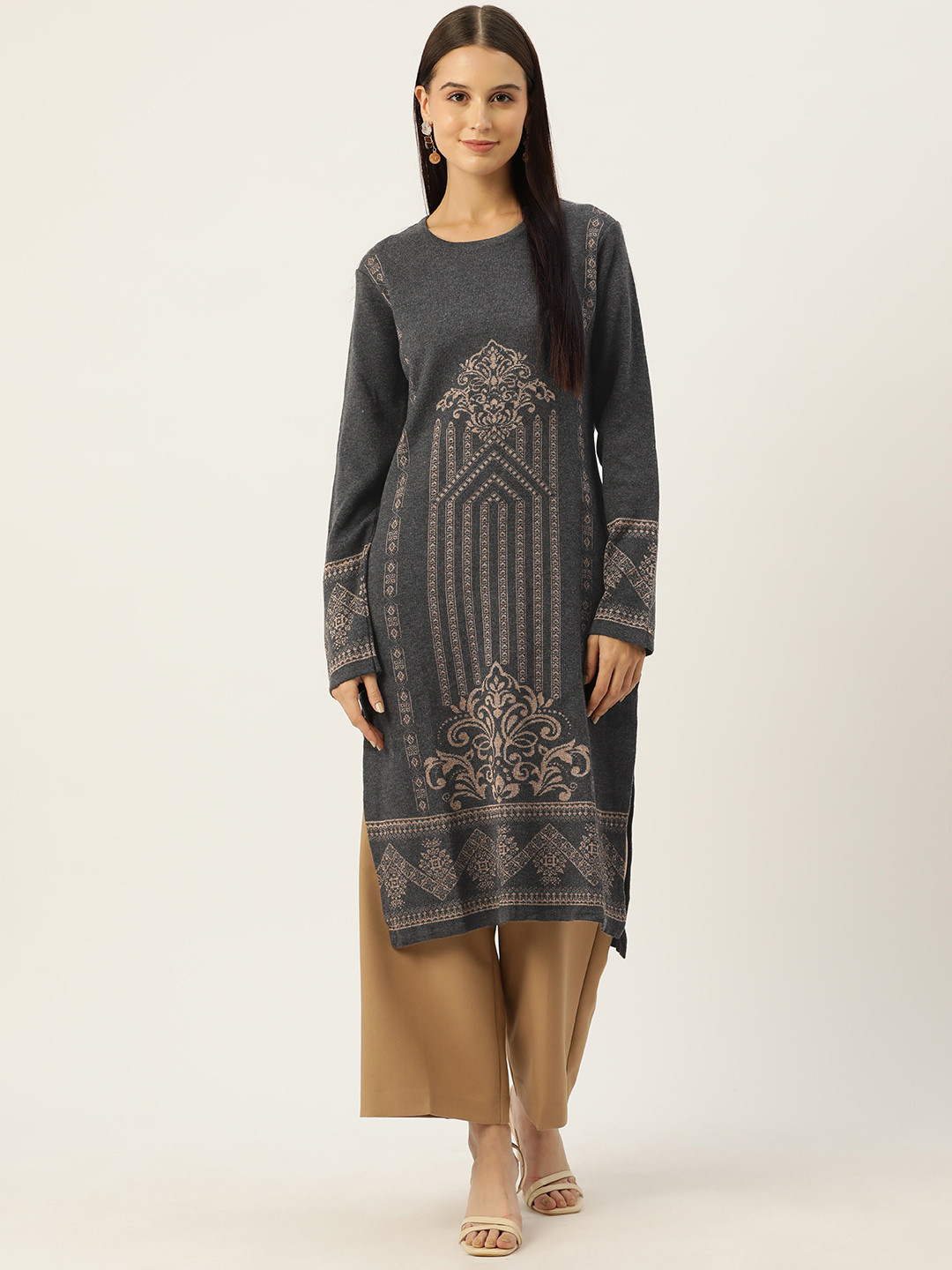 

American Eye Woven Designed Straight Winter Kurta, Grey melange