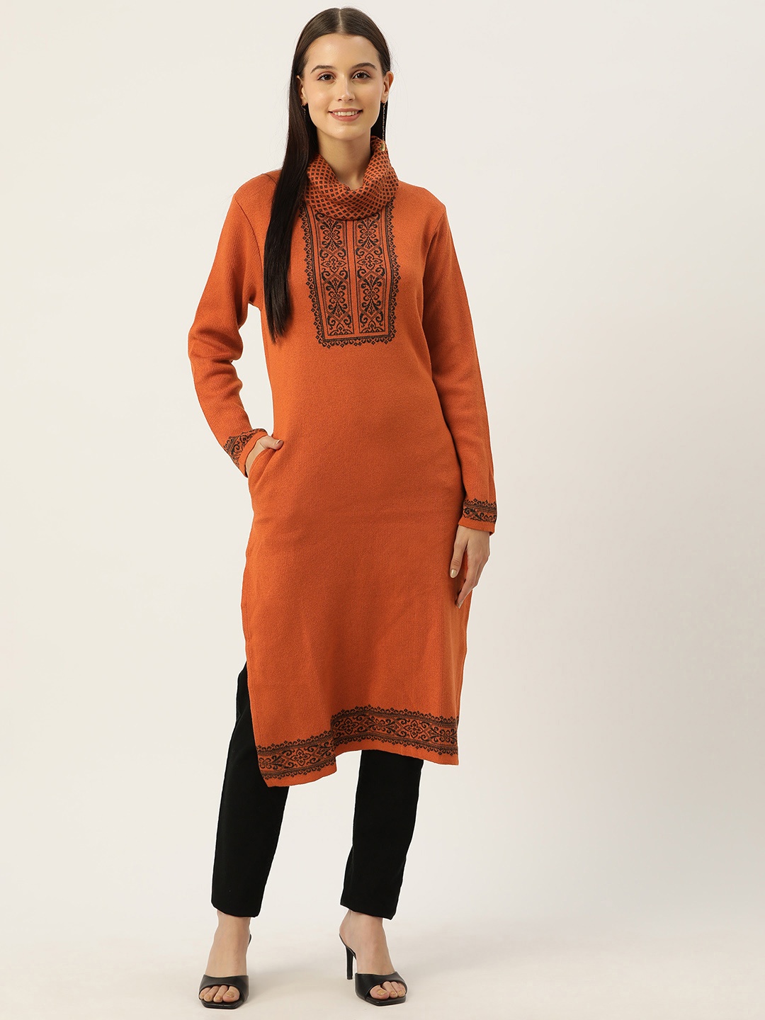 

American Eye Woven Designed High Neck Straight Winter Kurta, Orange