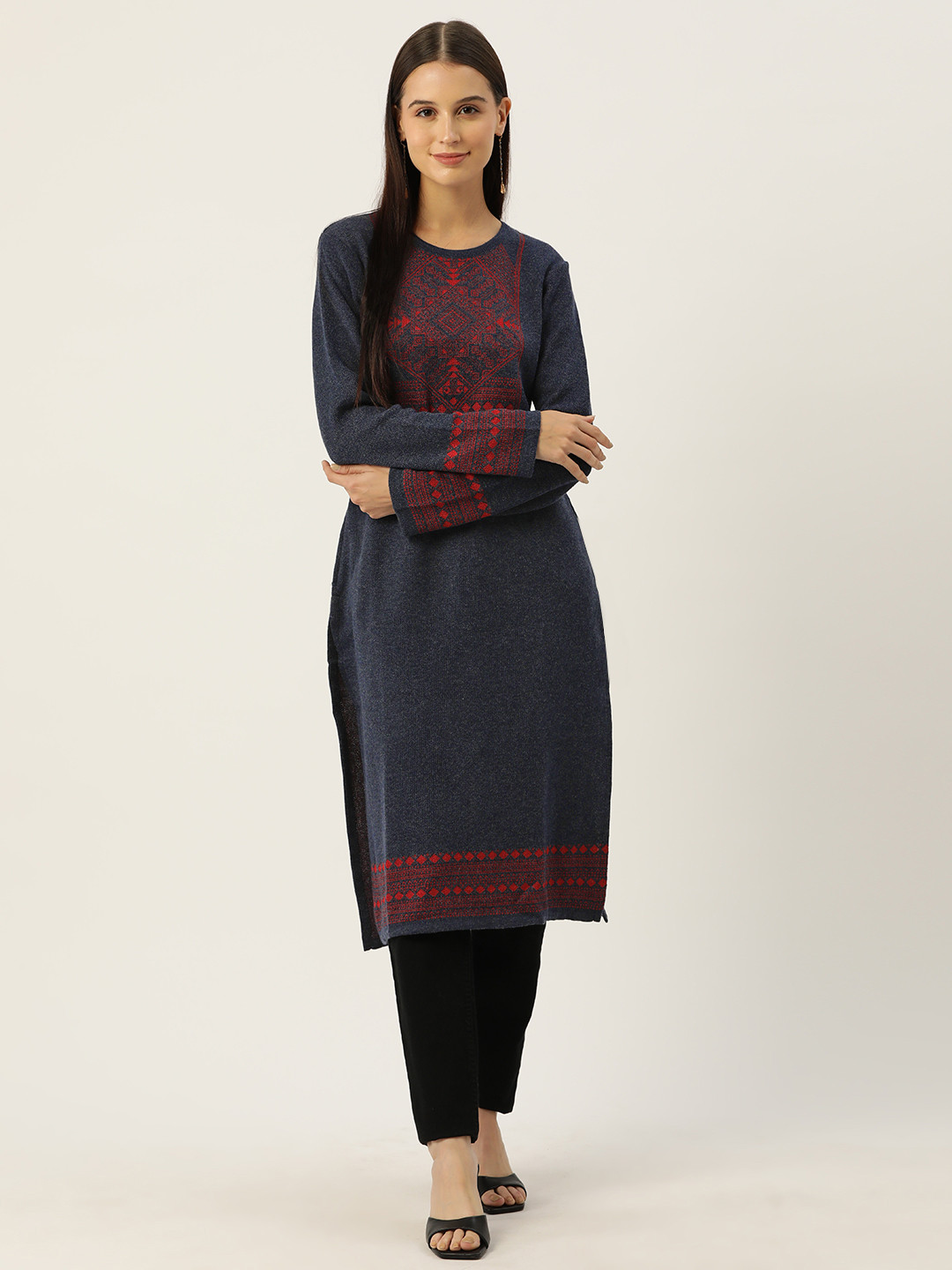 

American Eye Woven Designed Straight Winter Kurta, Navy blue