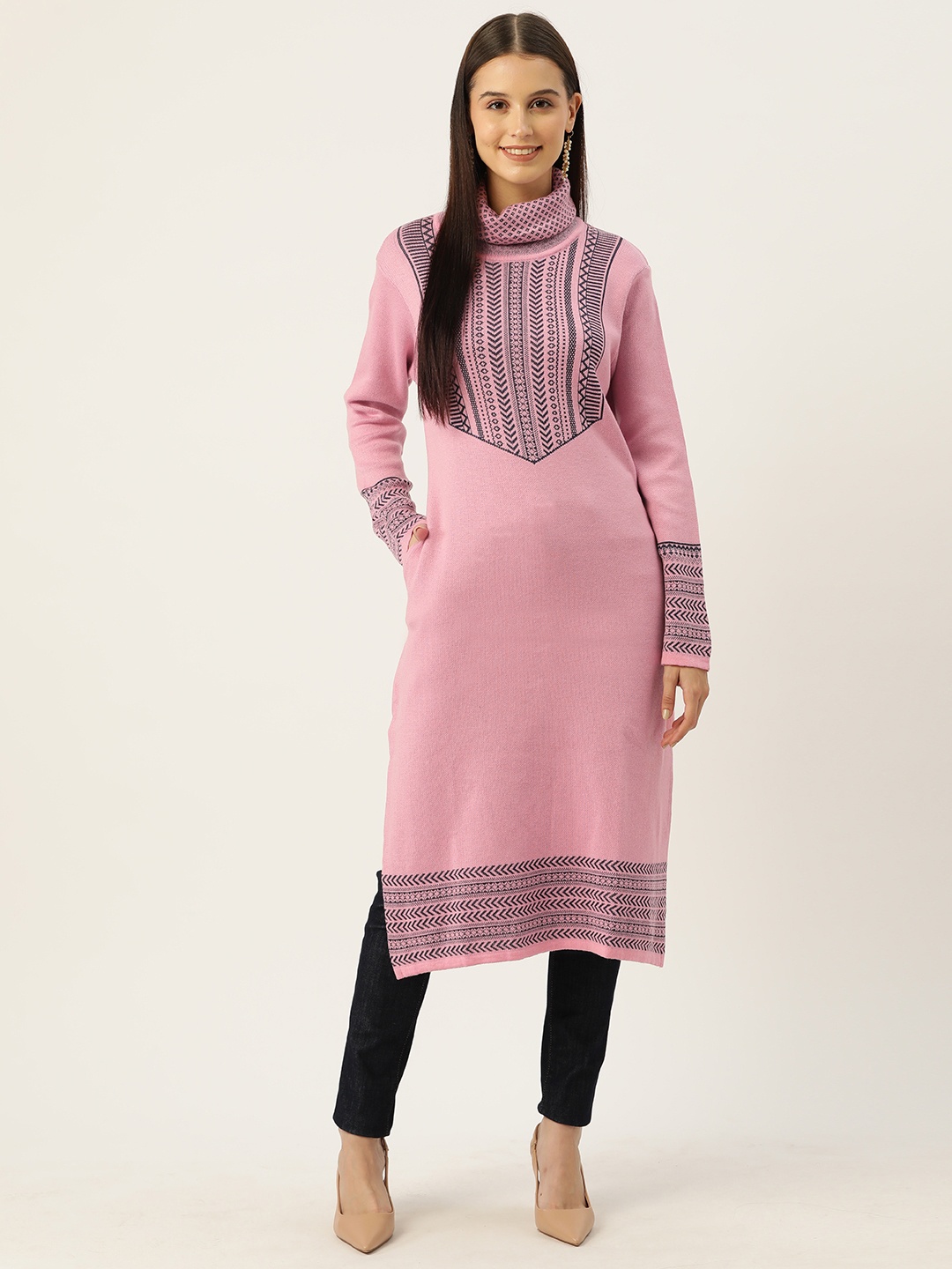 

American Eye Woven Designed Straight Winter Kurta, Pink