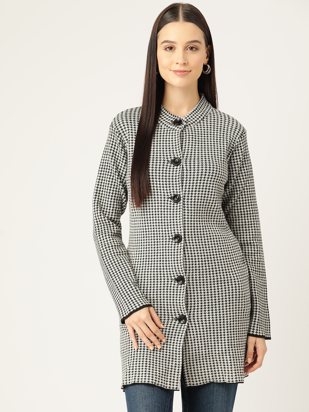 

American Eye Houndstooth Longline Cardigan, Black