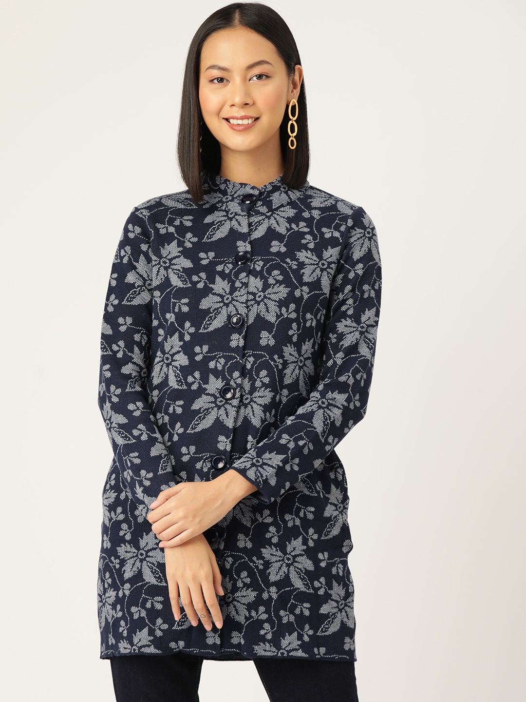 

American Eye Floral Longline Acrylic Cardigan, Navy blue