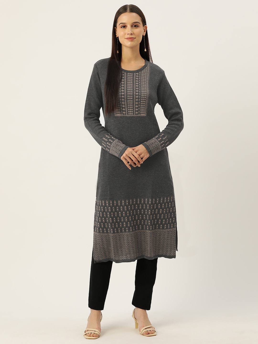 

American Eye Woven Designed Straight Winter Kurta, Grey melange