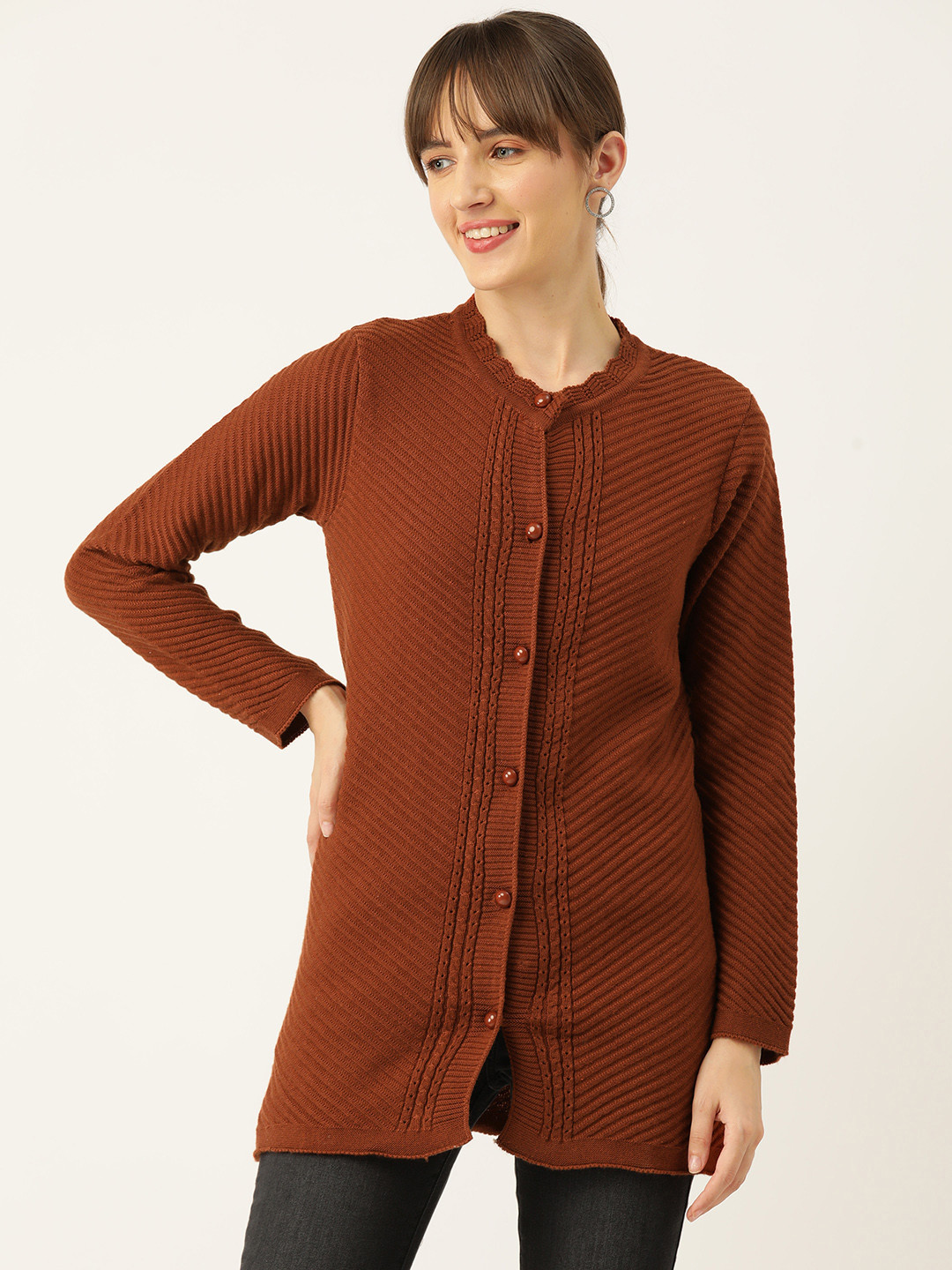 

American Eye Women Solid Longline Cardigan, Rust