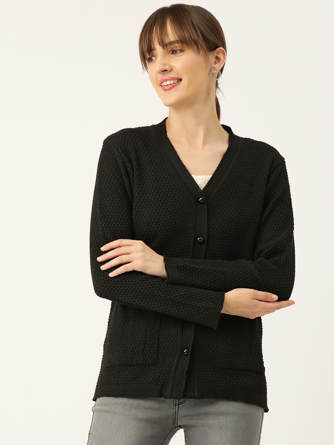 

American Eye Women Self Design Cardigan, Black