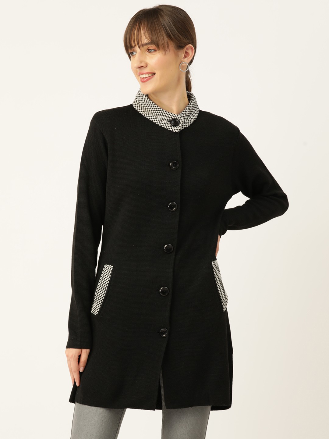 

American Eye Women Self Design Longline Cardigan, Black