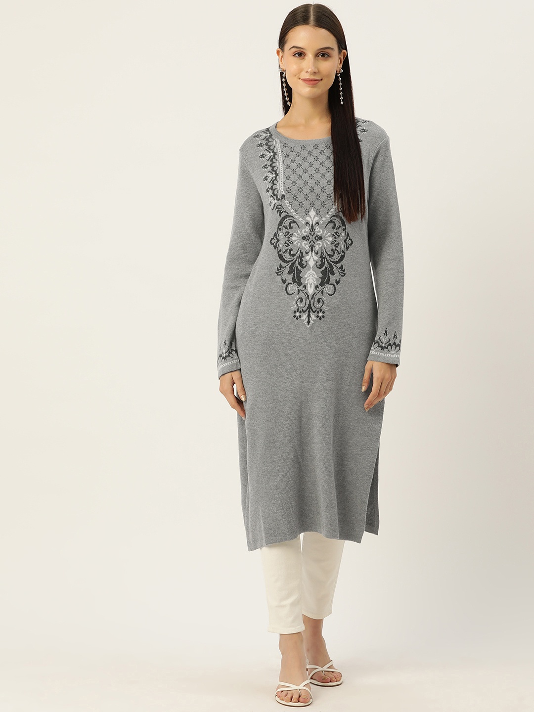

American Eye Woven Design Acrylic Winter Straight Kurta, Grey