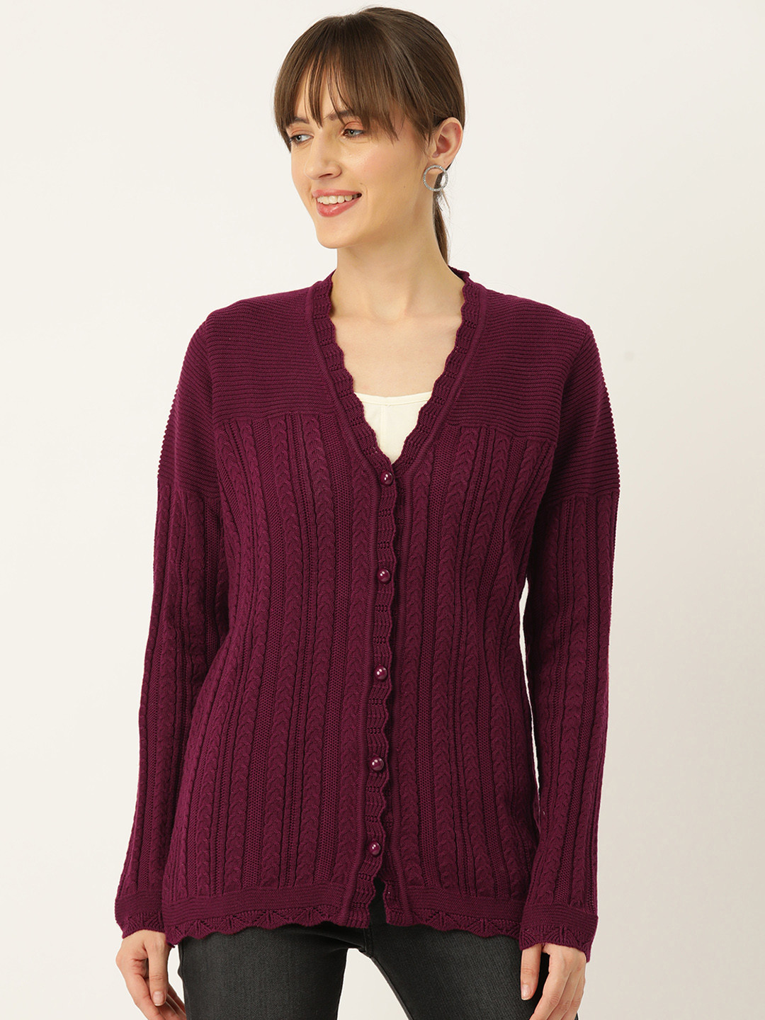 

American Eye Women Cable Knit Longline Cardigan, Burgundy