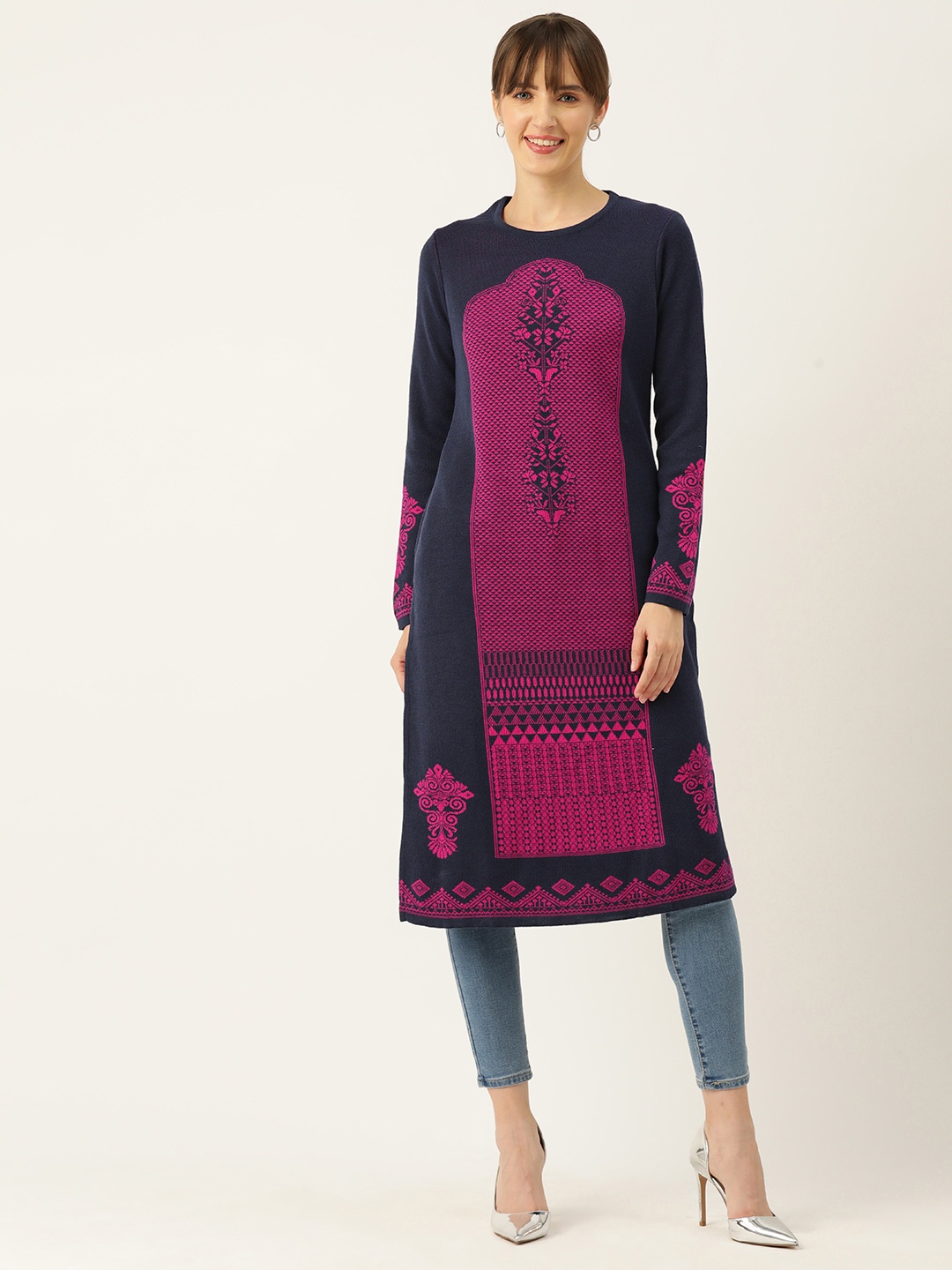 

American Eye Ethnic Motifs Winter Kurta, Navy blue