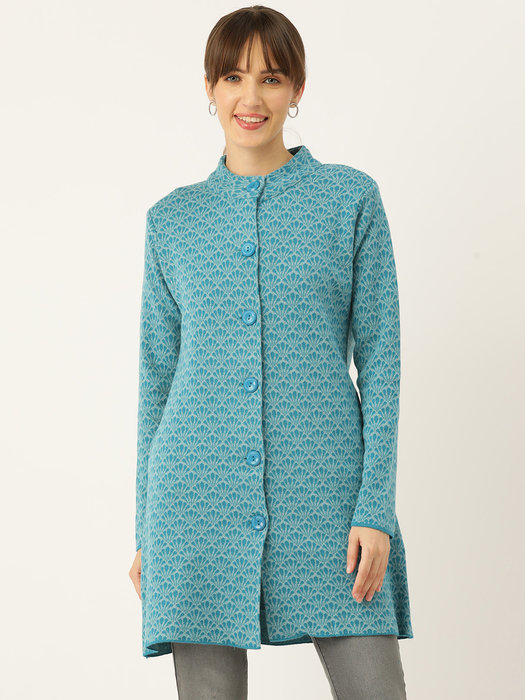 

American Eye Women Self Design Longline Cardigan, Turquoise blue
