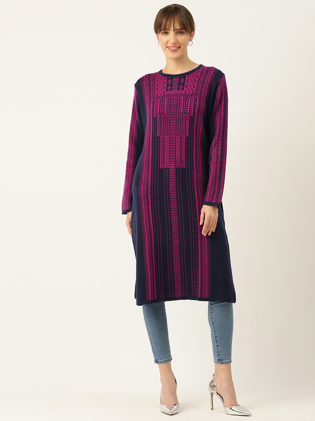 

American Eye Women Ethnic Motifs Winter Kurta, Navy blue